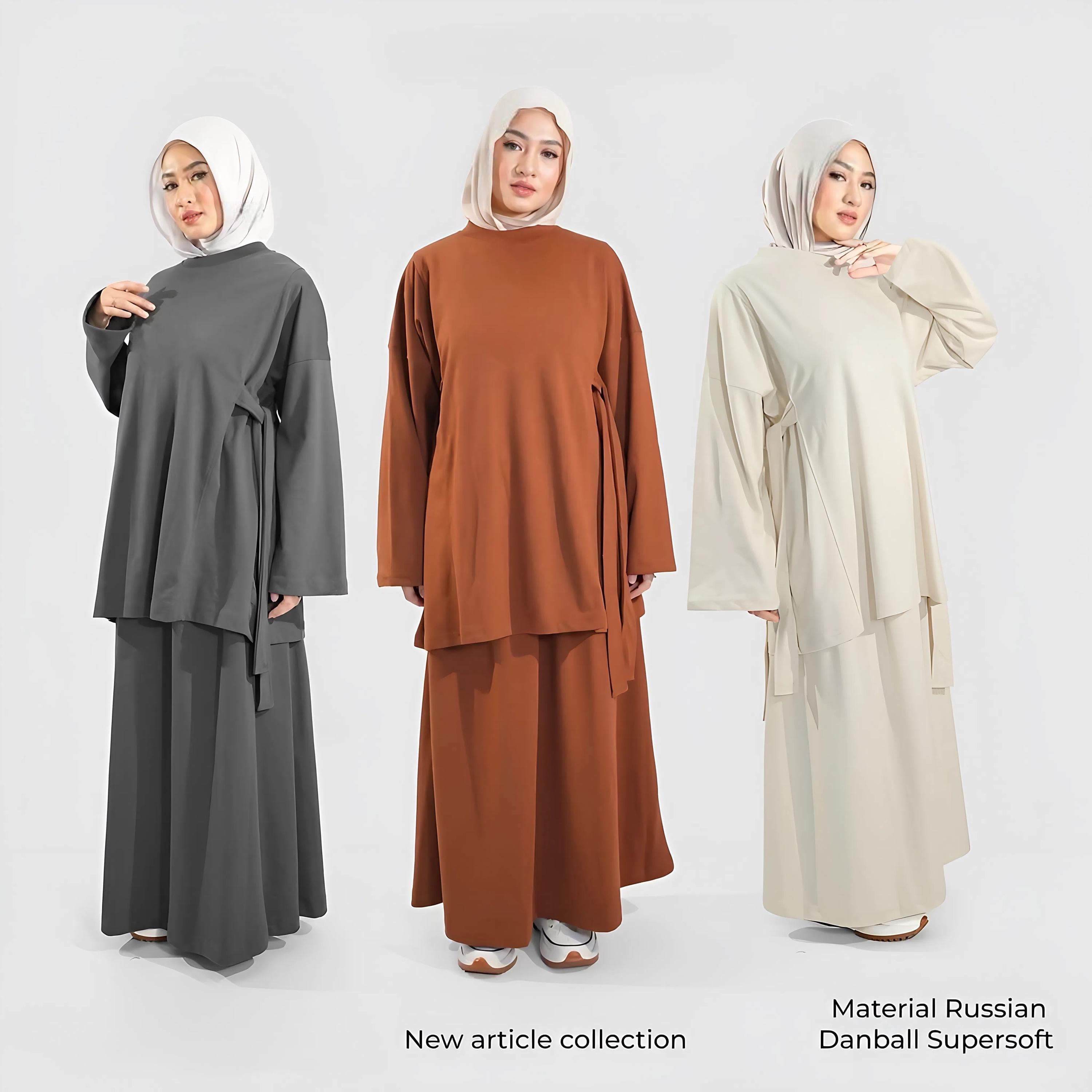 Women wearing a modest loose top and long skirt set made from Russian cotton danball supersoft fabric in neutral tones