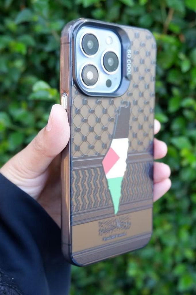 “Palestine phone case with keffiyeh pattern and map design, UV-printed on soft silicone glossy cover for iPhone and Samsung”