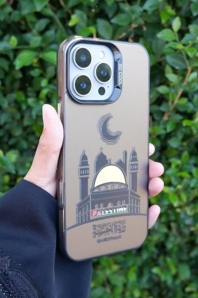 “Palestine phone case with mosque dome and crescent moon design, UV-printed on glossy silicone cover for iPhone and Samsung”