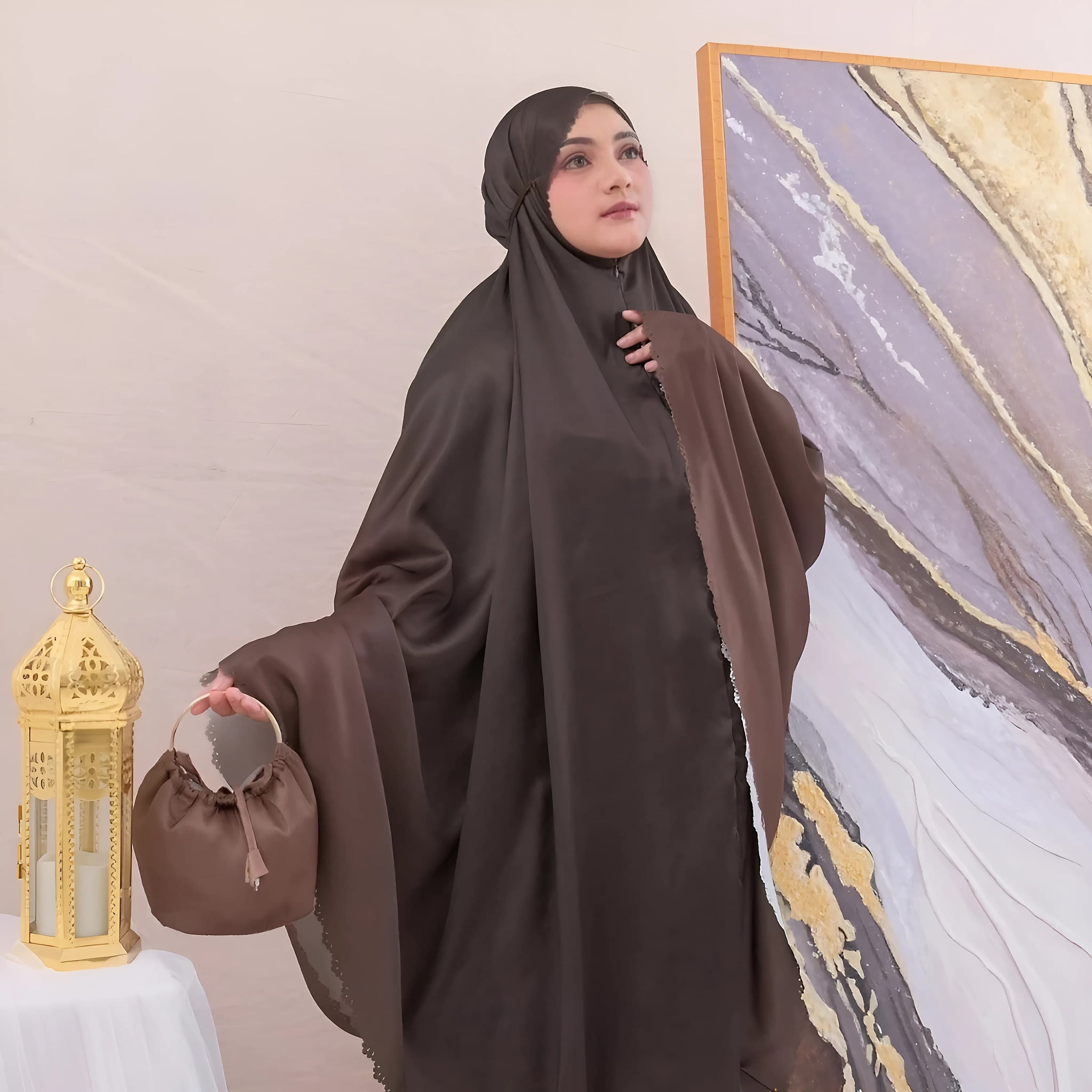 Santorini Shimmer Prayer Outfit: Travel Hijab & Skirt Set with Pouch