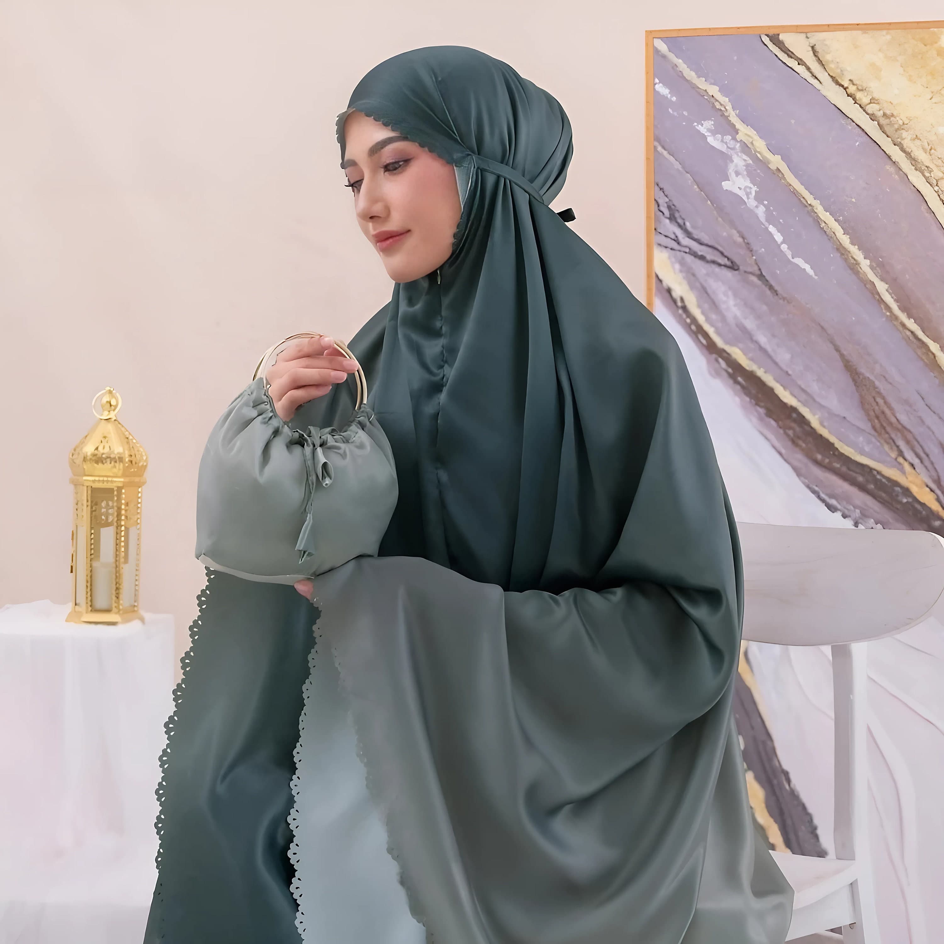 Santorini Shimmer Prayer Outfit: Travel Hijab & Skirt Set with Pouch - image 3