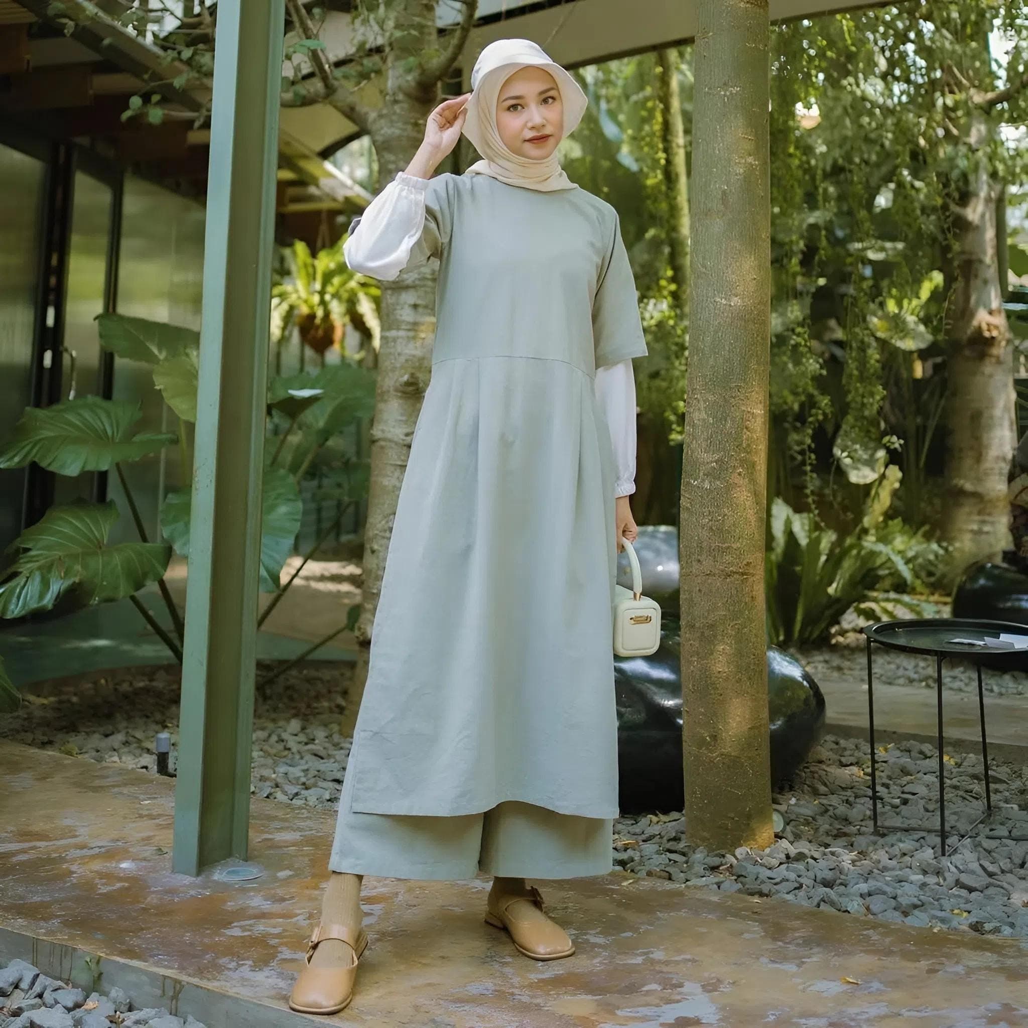 Linen Modest Two-Piece Dress Set with Inner Sleeve Layer