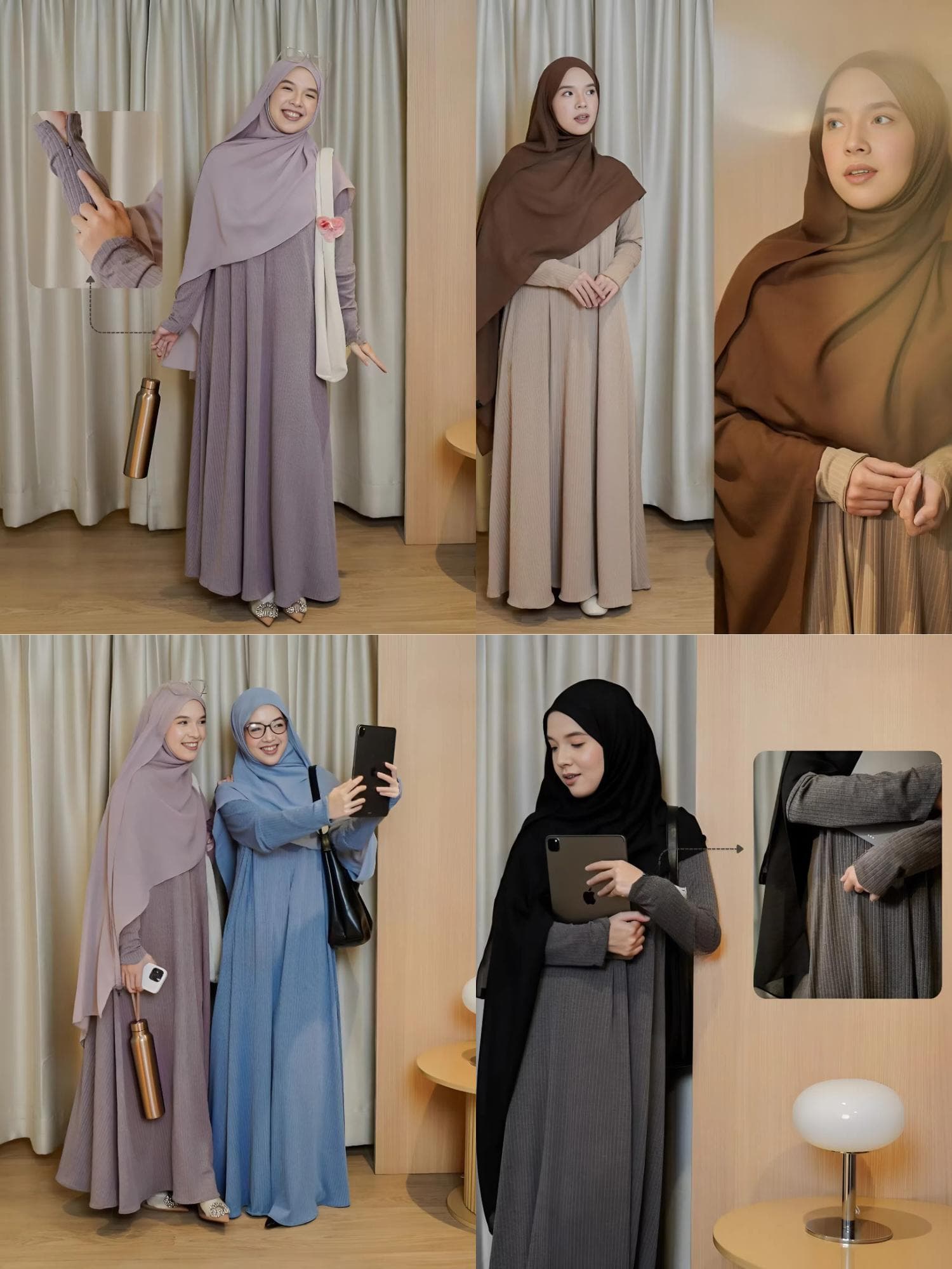 Woman wearing modest knit abaya set in choco blush color, made from Freya Knit fabric, flowy ironless material with wudhu and nursing-friendly zipper.