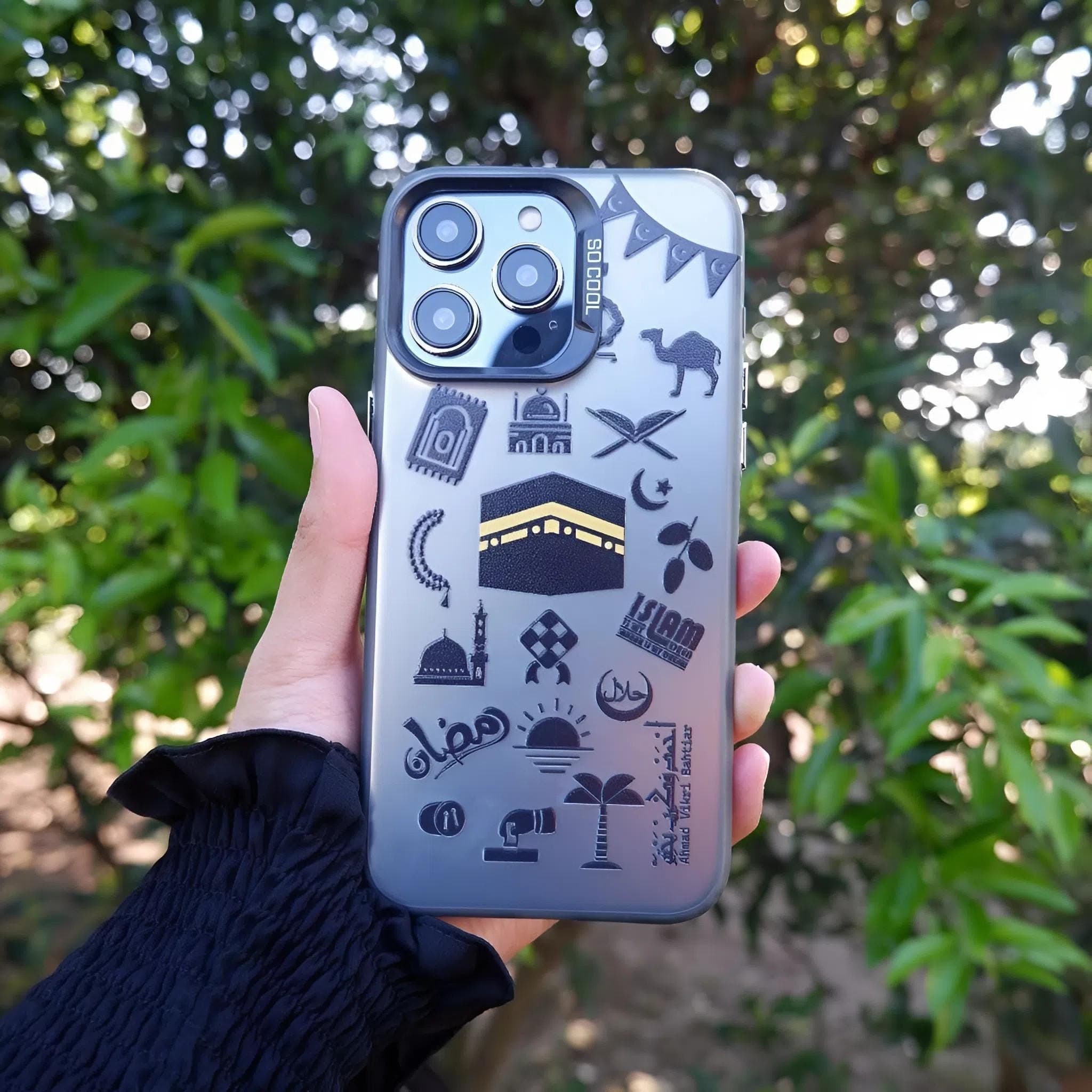 A premium black matte phone case featuring a detailed gold-printed Ottoman Empire emblem with historical weapons and shields.