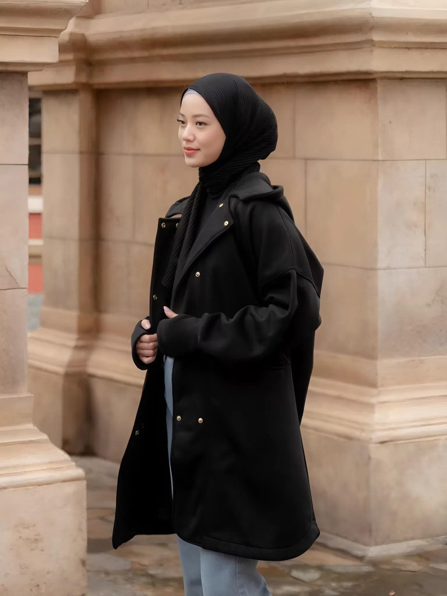 Fleece Long Jacket with Hood: Modest Oversized Coat with Gold Buttons
