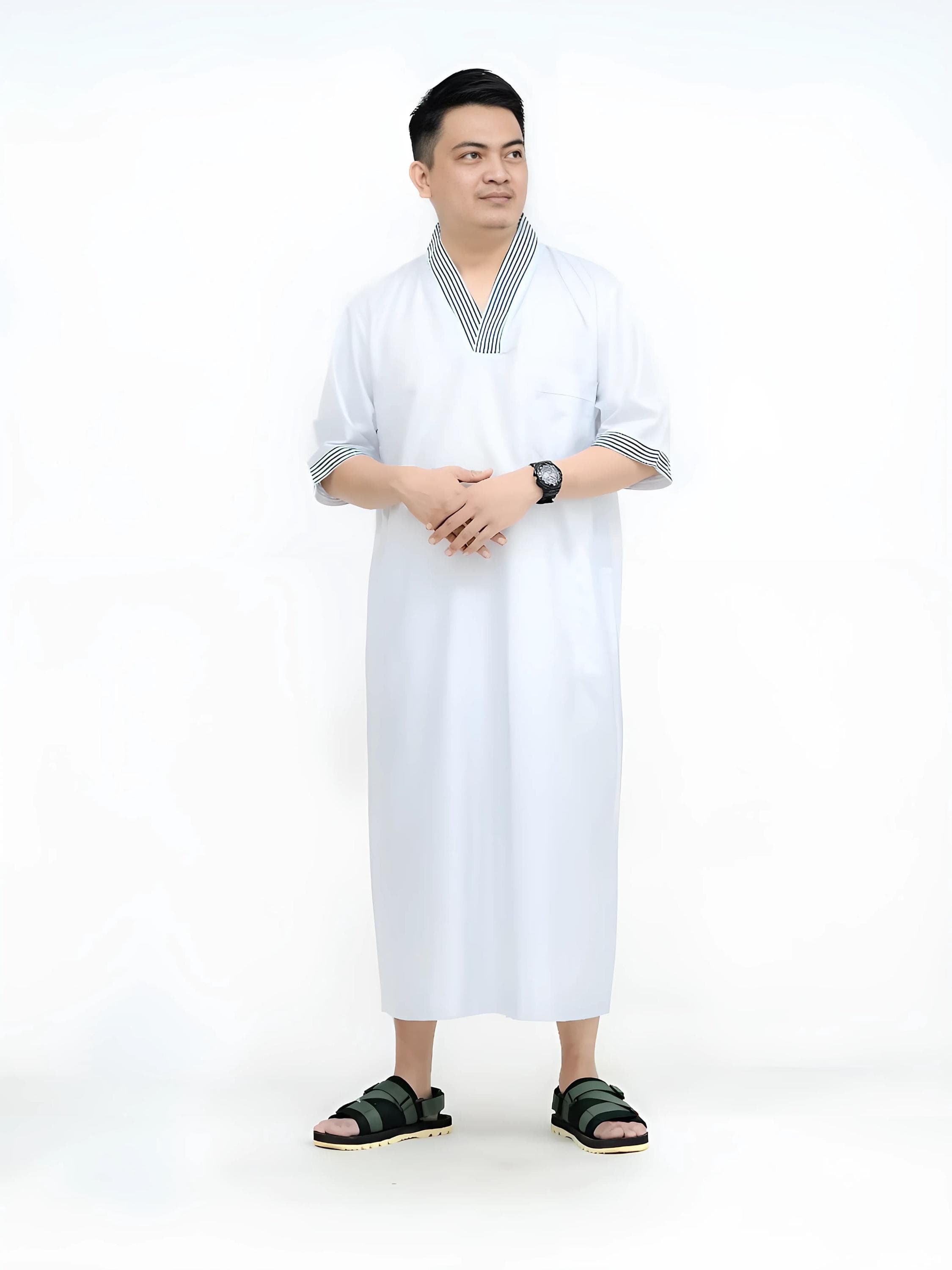 Men's Cotton Moroccan Kaftan Robe: V-Neck Short Sleeve Jubba