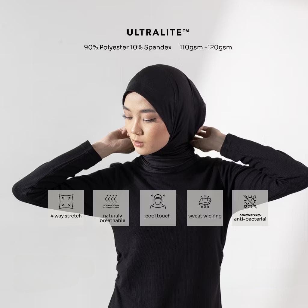 Woman wearing slip-on black sport hijab made of ultralite spandex polyester fabric