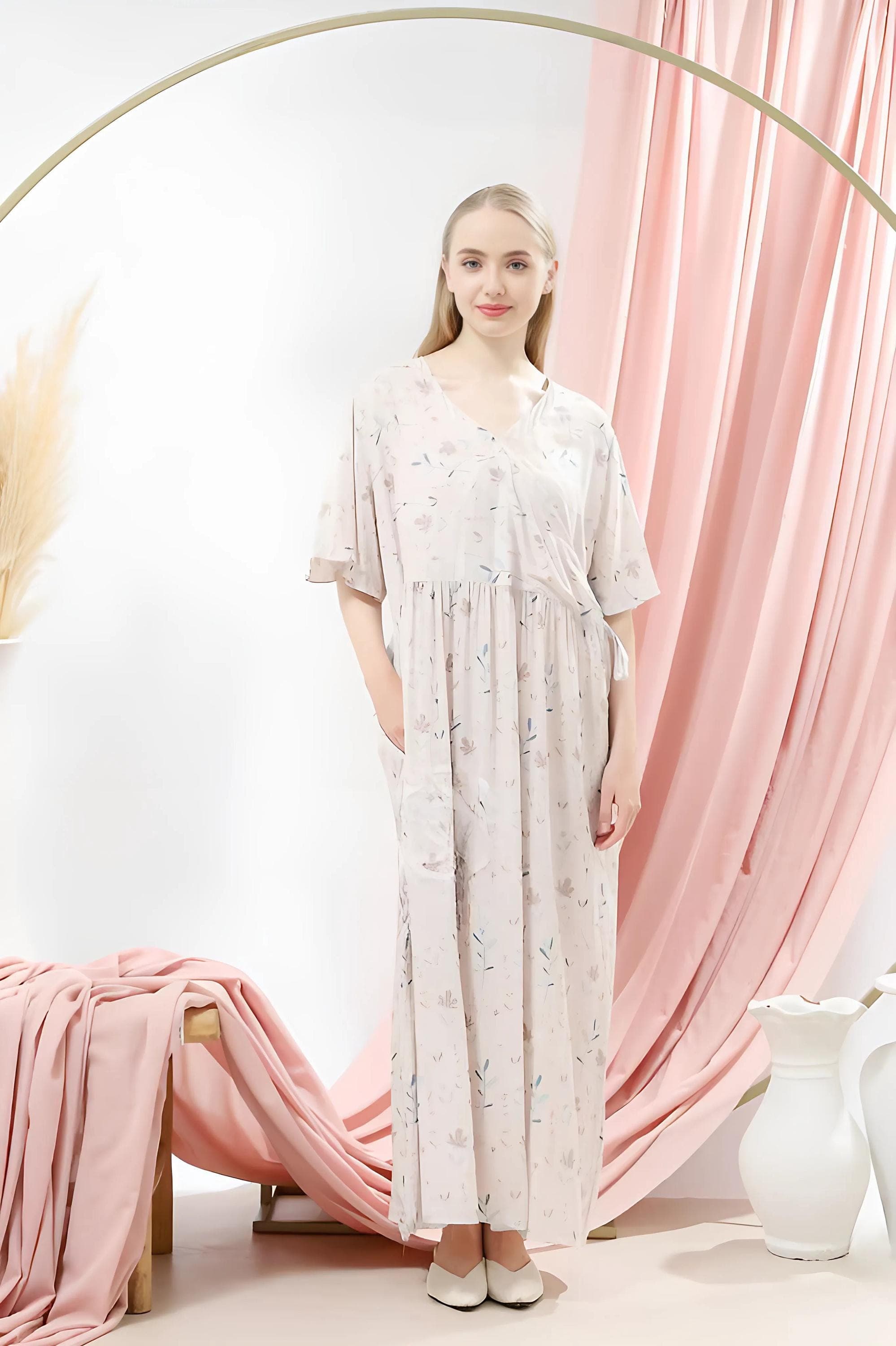 Floral Cotton Rayon Pajama Dress: Surplice Kimono Sleepwear - image 5