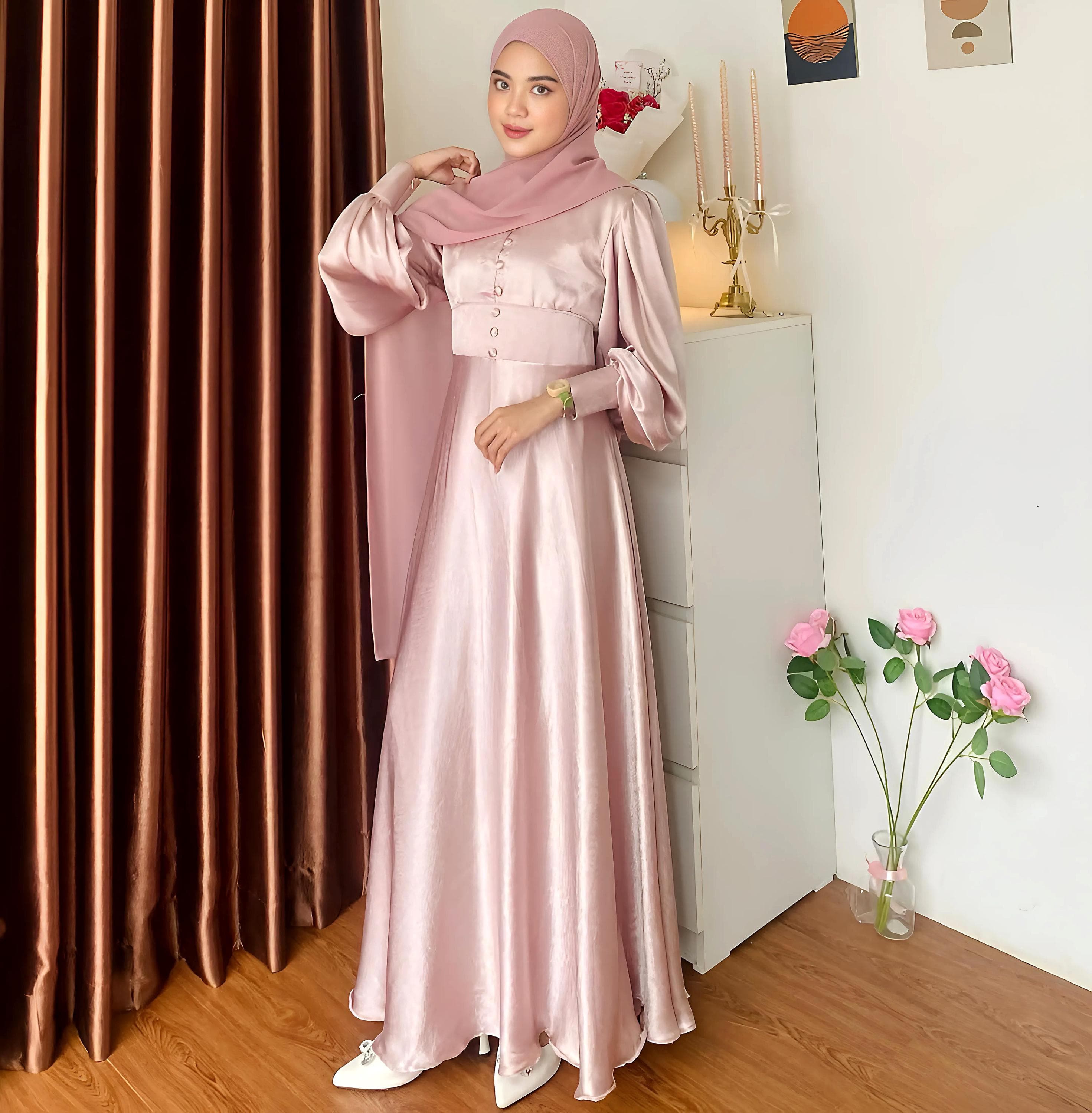 Iridescent Silk Abaya Dress and Hijab Set: Modest Bridal Outfit