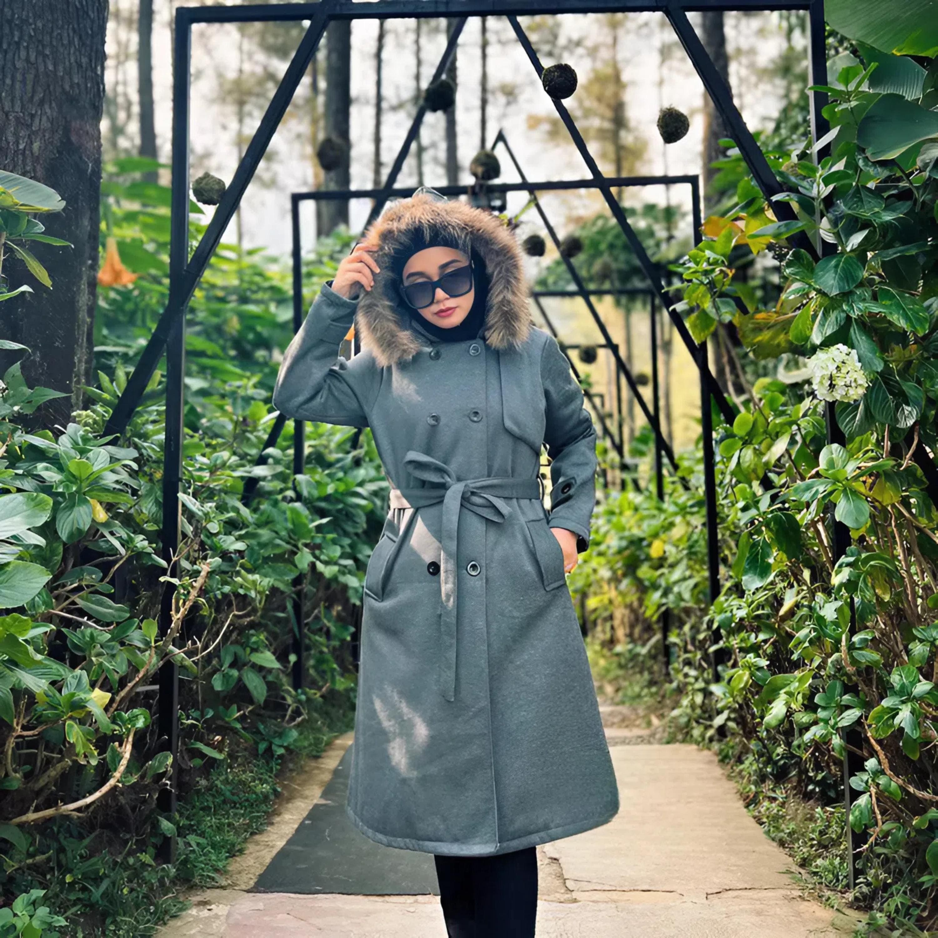 Fleece Winter Overcoat | Detachable Faux Fur Hood, Belted, Plus Size