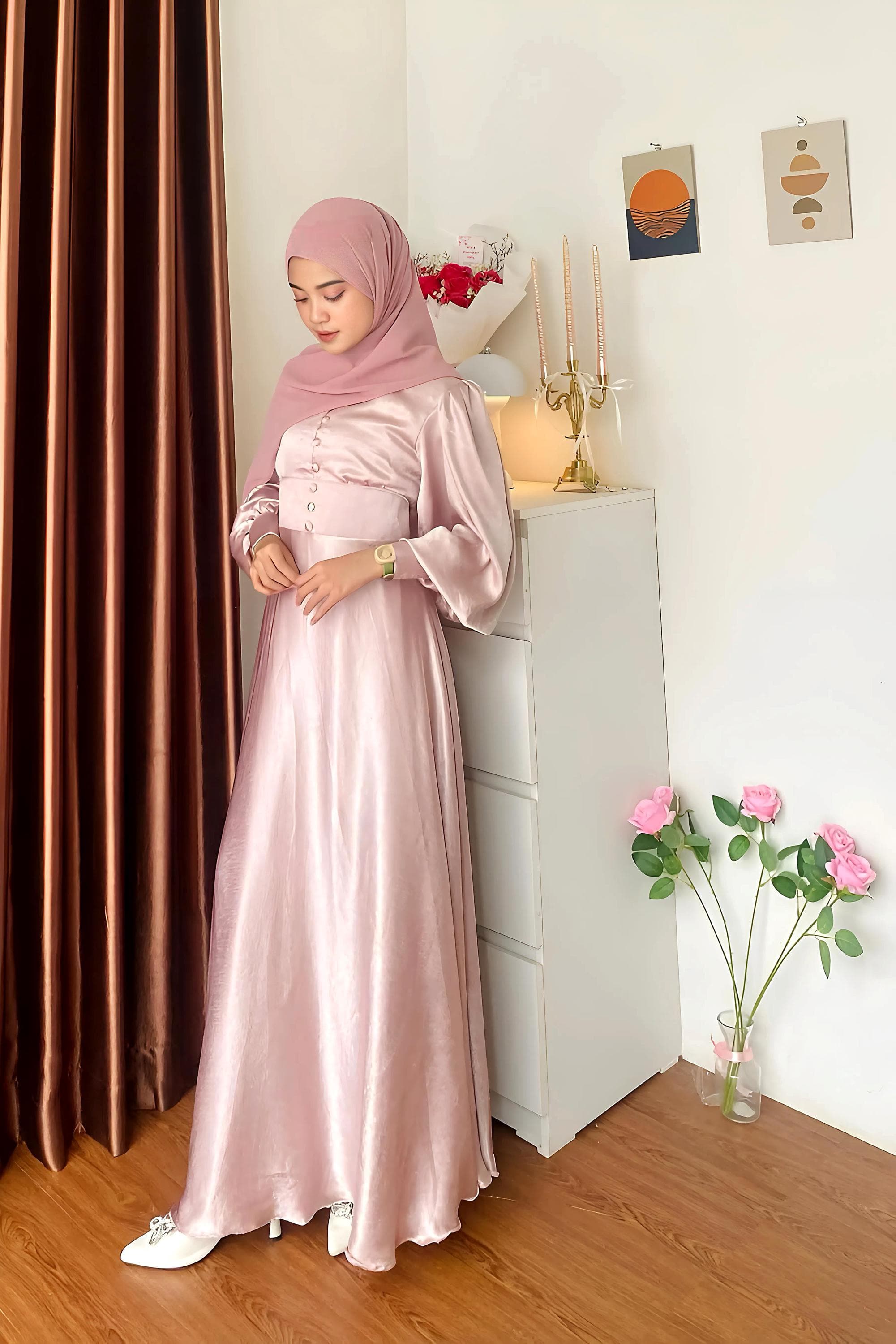 Iridescent Silk Abaya Dress and Hijab Set: Modest Bridal Outfit - image 5