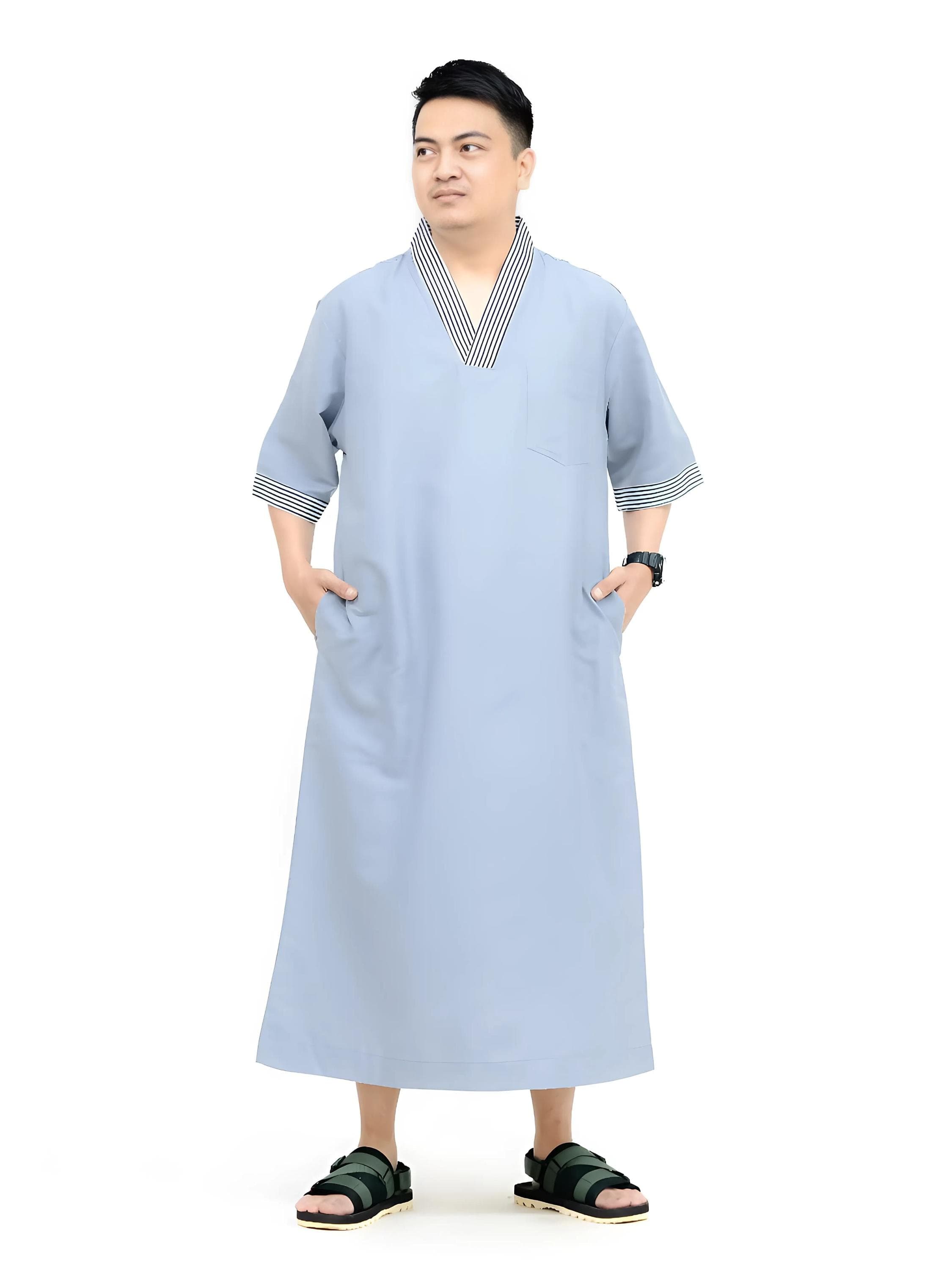 Men's Cotton Moroccan Kaftan Robe: V-Neck Short Sleeve Jubba - image 4