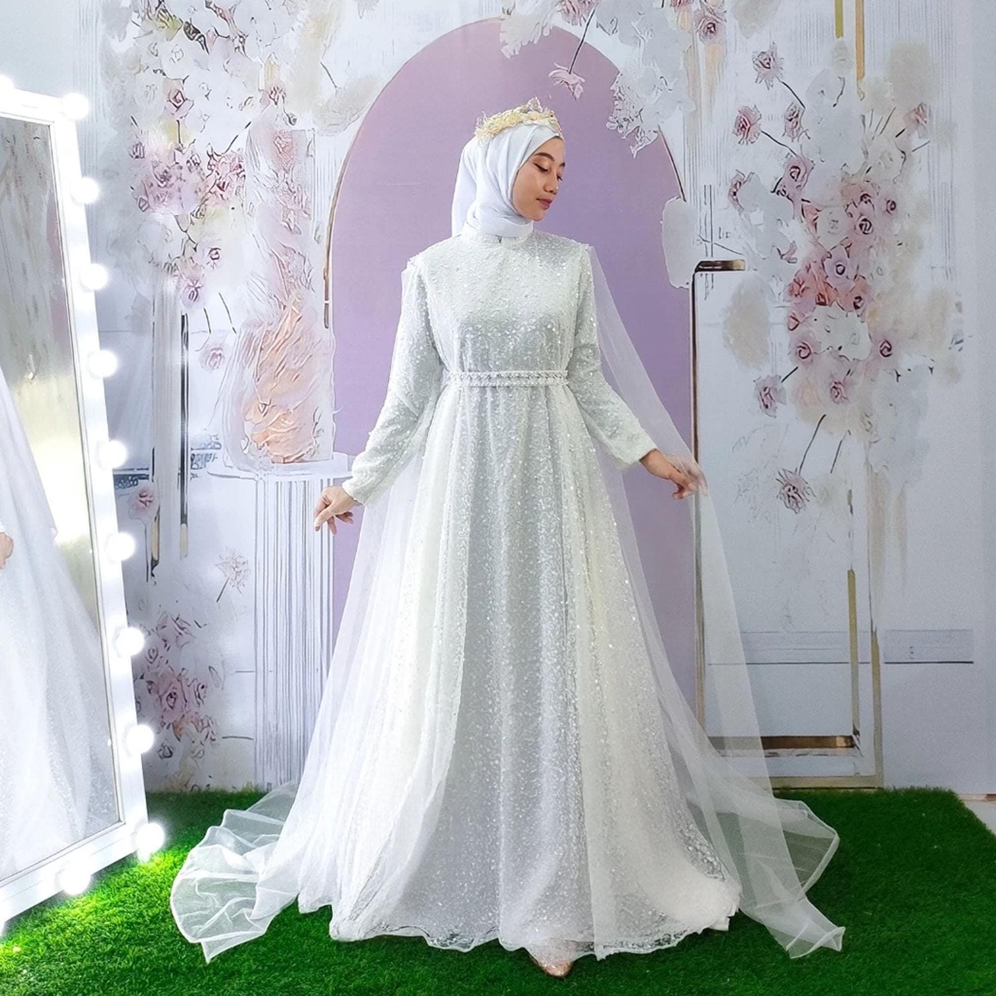 Embroidered Tulle Abaya Dress with Veil
