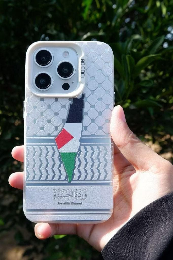 “Palestine phone case with keffiyeh pattern and map design, UV-printed on soft silicone glossy cover for iPhone and Samsung”