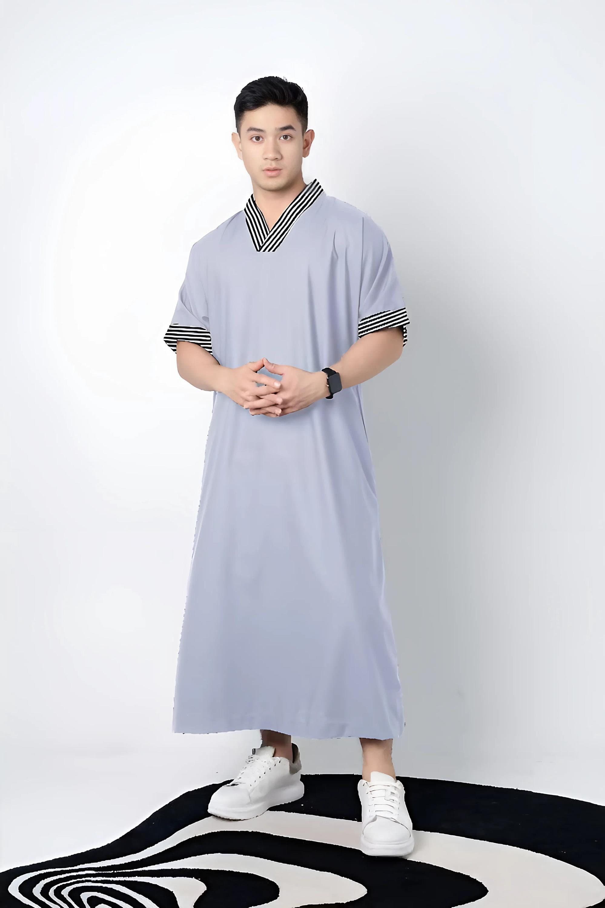 Men's Cotton Jubbah | Lurik Trim Islamic Robe