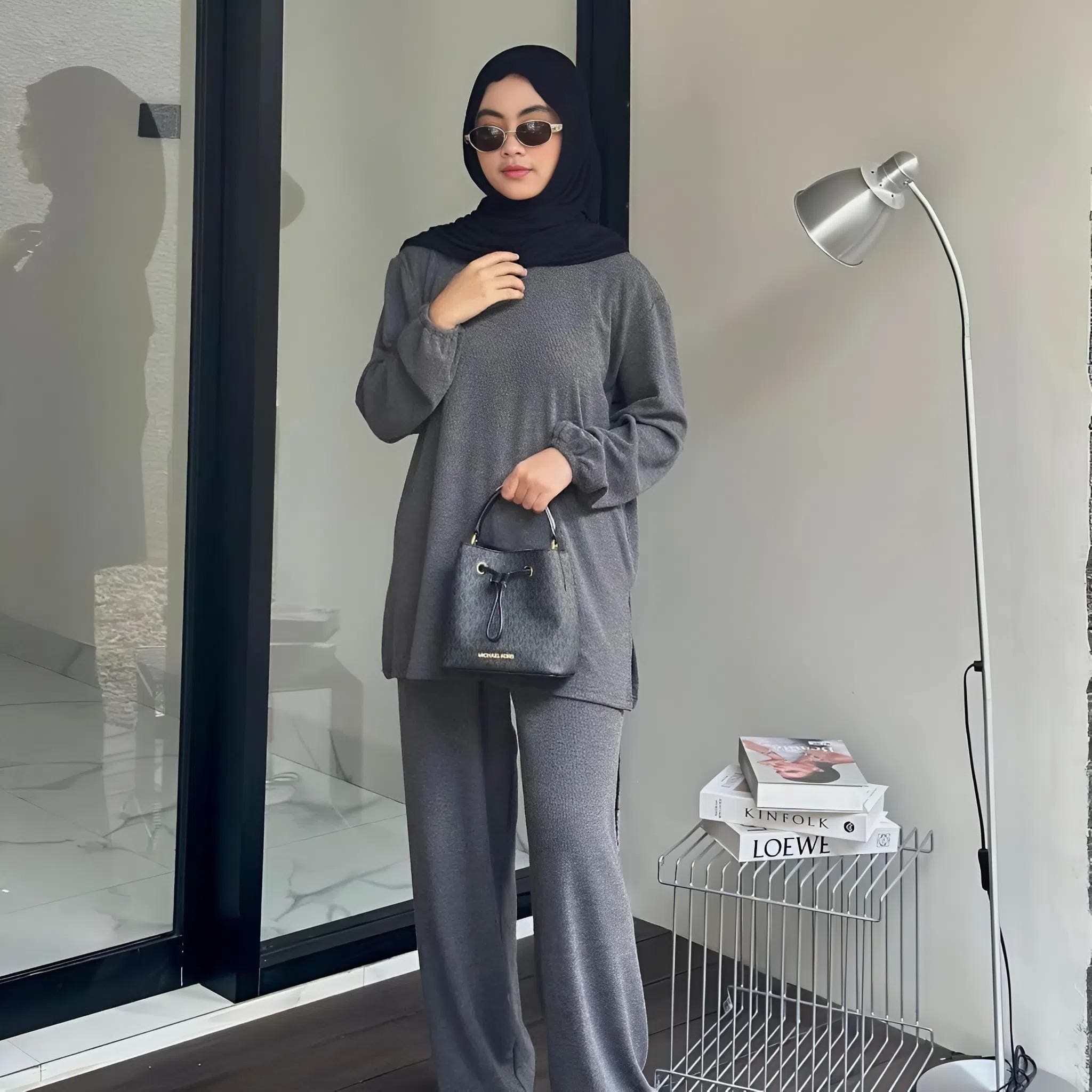 Modest Knit Lounge Set – Long Sleeve Top & Wide Leg Pants