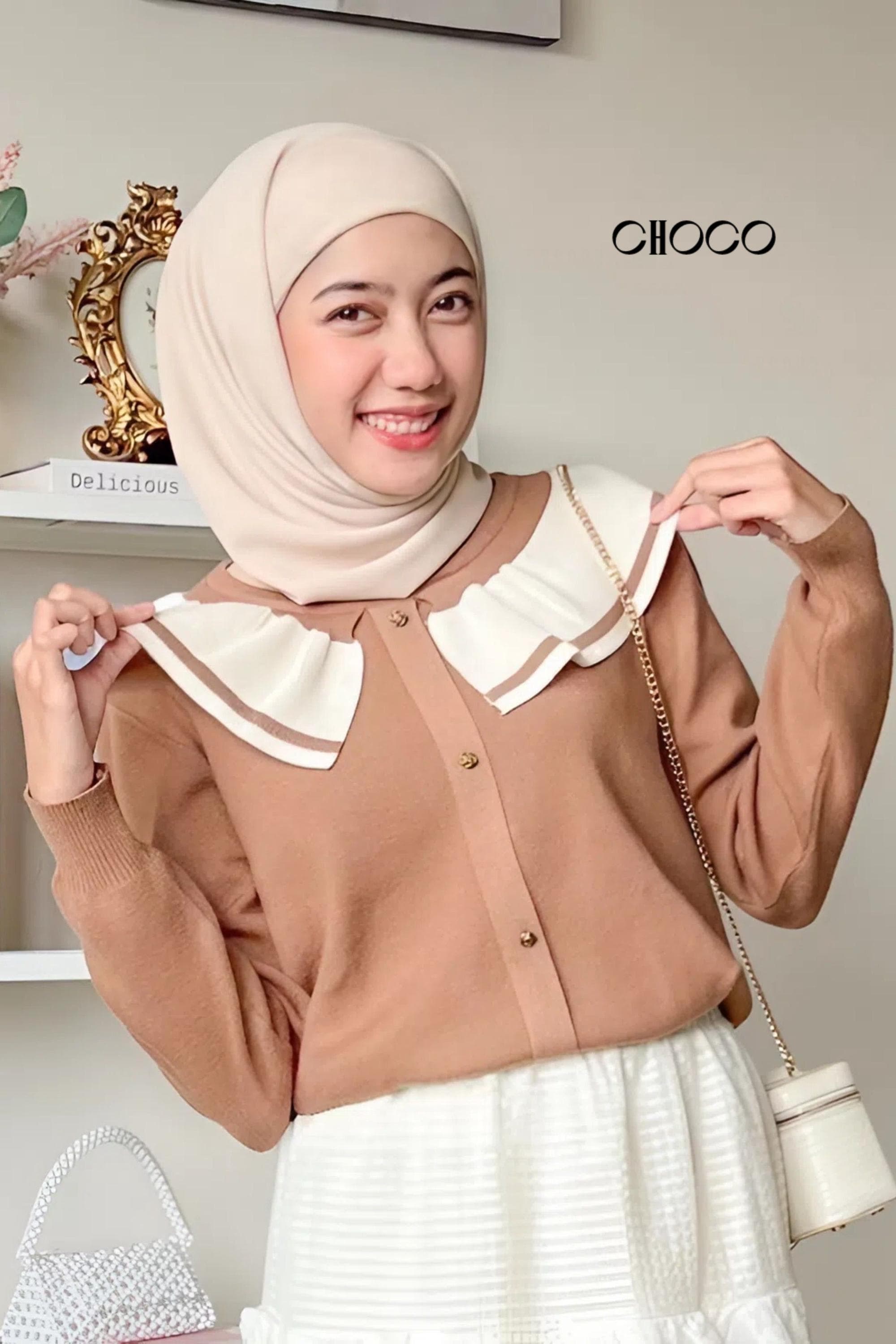 Women knit sweater top with layered collar detail in neutral color, styled for modest everyday wear