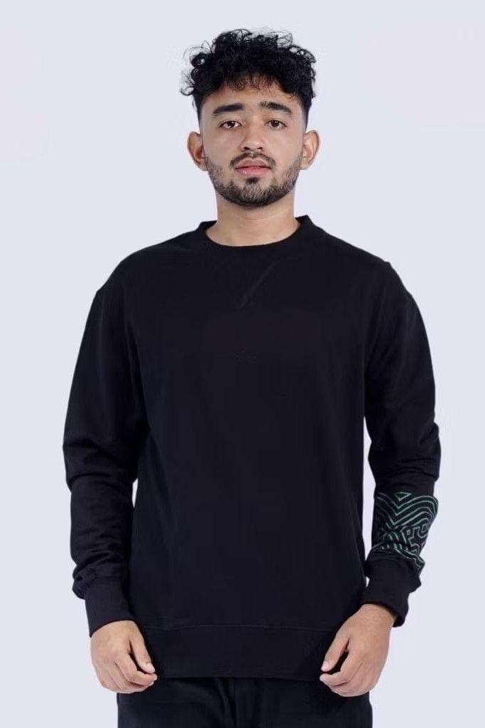 “Men’s black sweatshirt with Middle Eastern pattern on sleeve, made from soft Combed Baby Terry fabric”