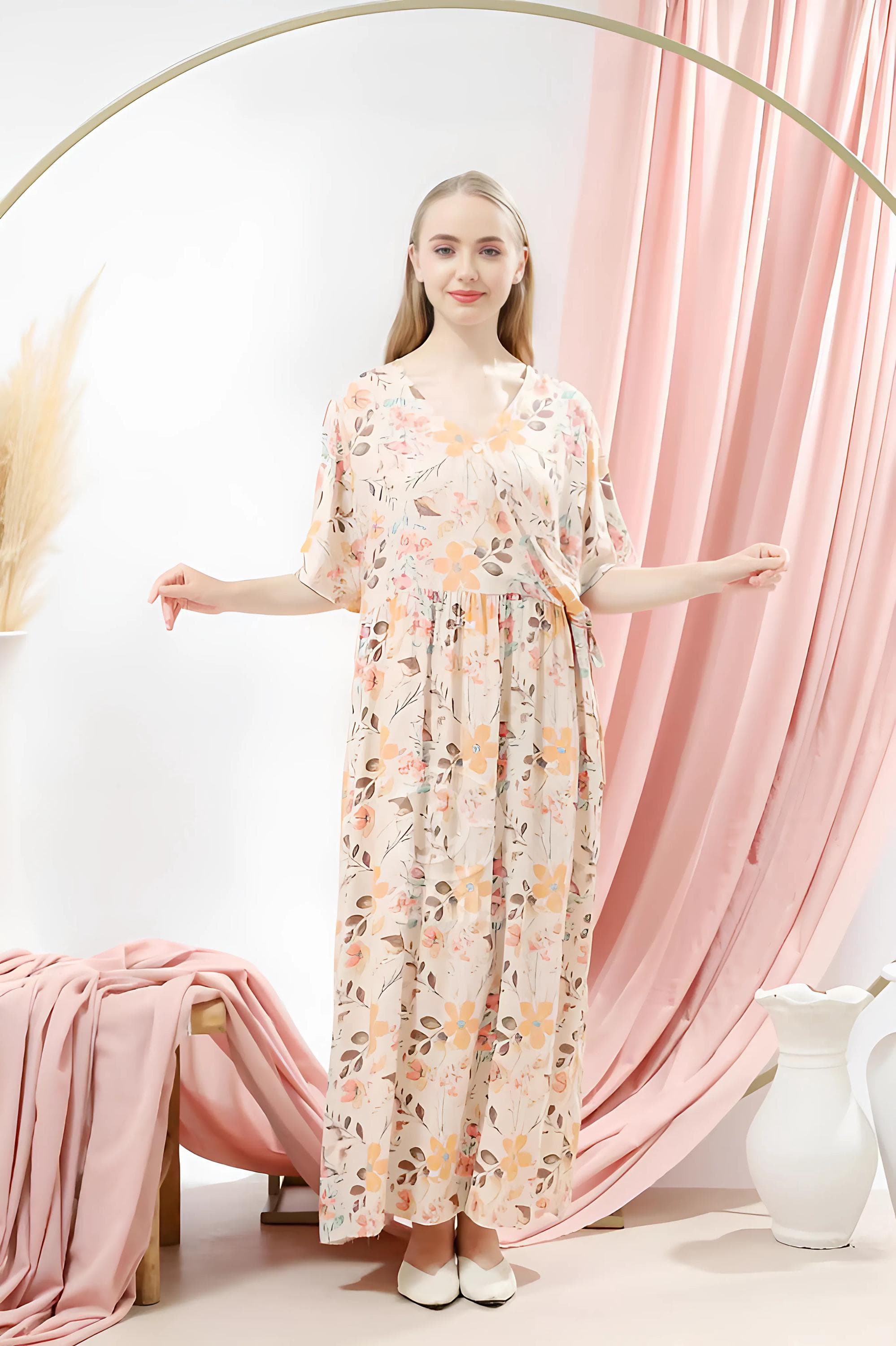 Floral Cotton Rayon Pajama Dress: Surplice Kimono Sleepwear - image 3