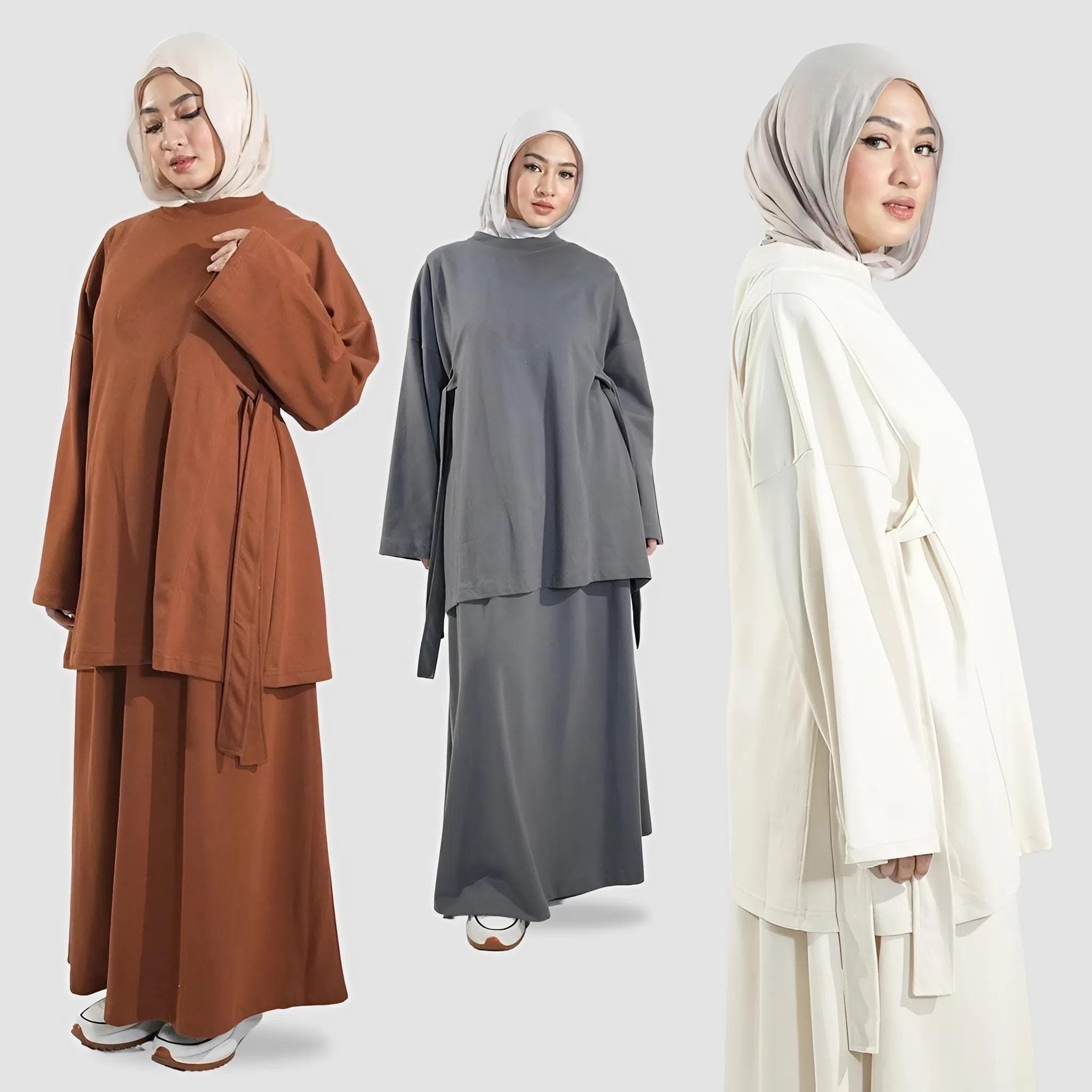 Women wearing a modest loose top and long skirt set made from Russian cotton danball supersoft fabric in neutral tones