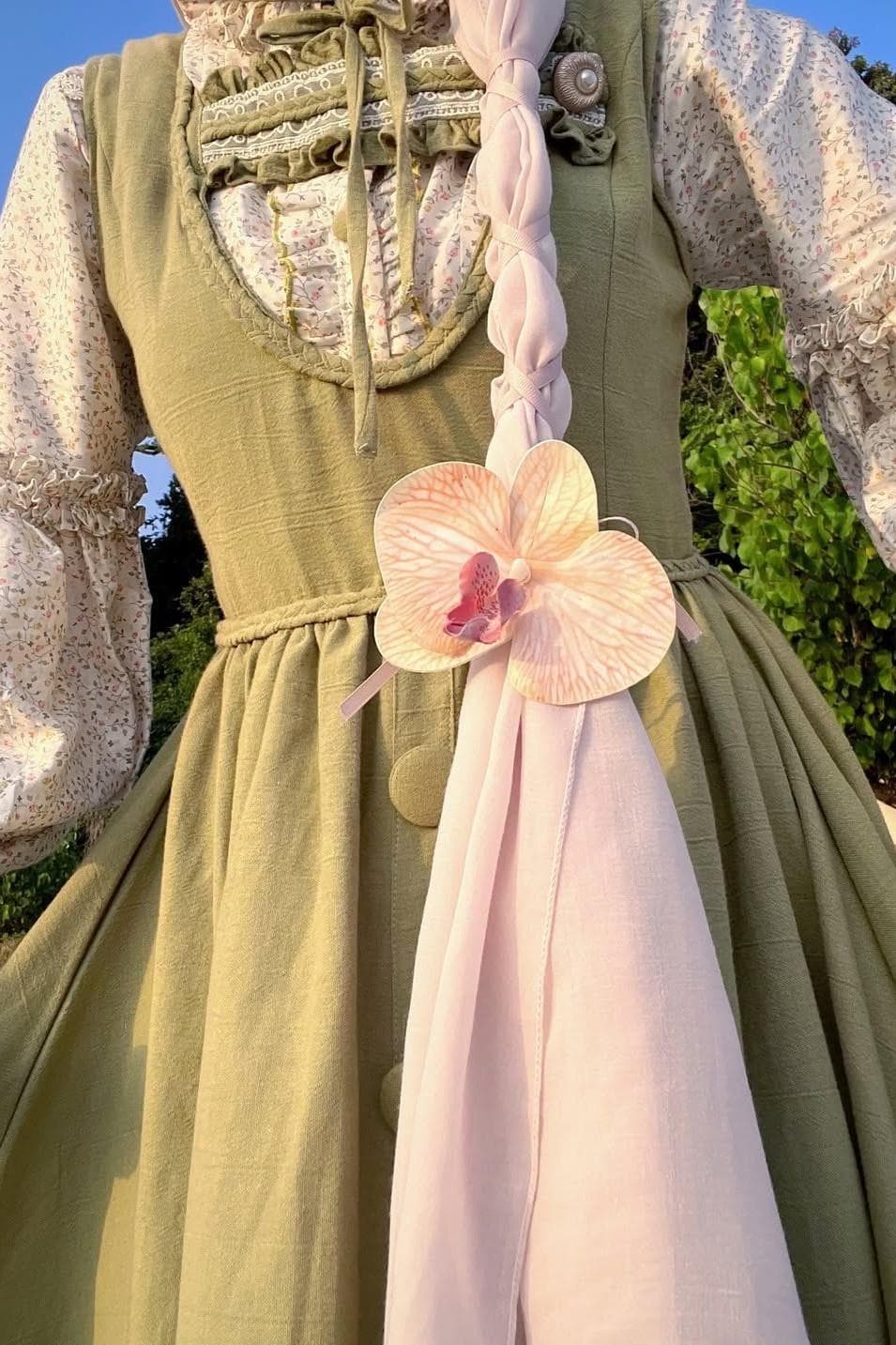 Handmade vintage outfit with olive green overall dress and floral blouse, cottagecore prairiecore Victorian aesthetic in cotton fabric