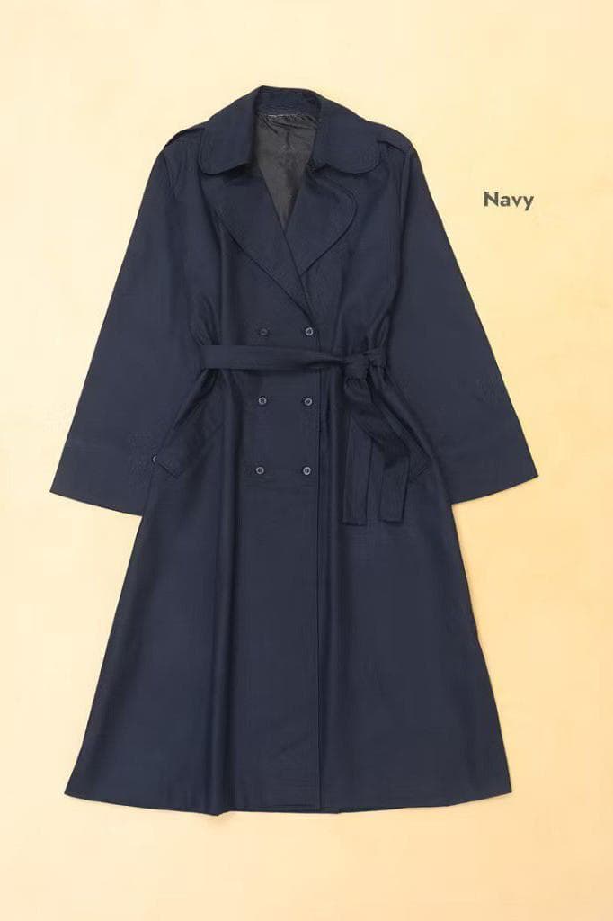 Women’s long khaki trench coat made from twill with belt, double-breasted buttons, waterproof and windproof design.