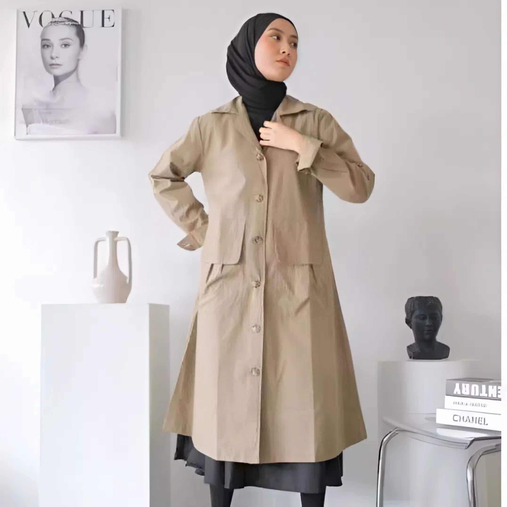 Baby Canvas Long Coat: Modest Abaya Style Jacket with Deep Pockets