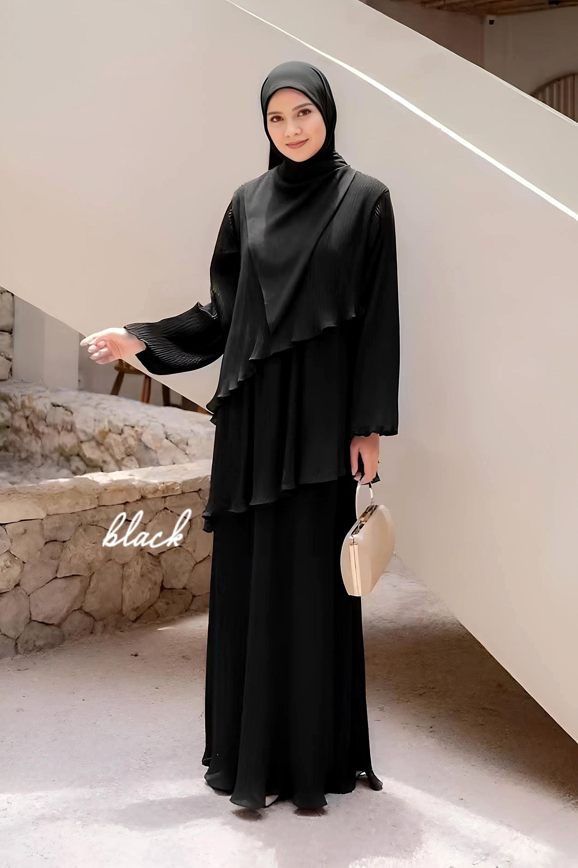 Pleated Chiffon Abaya Set: Elegant Muslim Women's Dress with Khimar - image 5