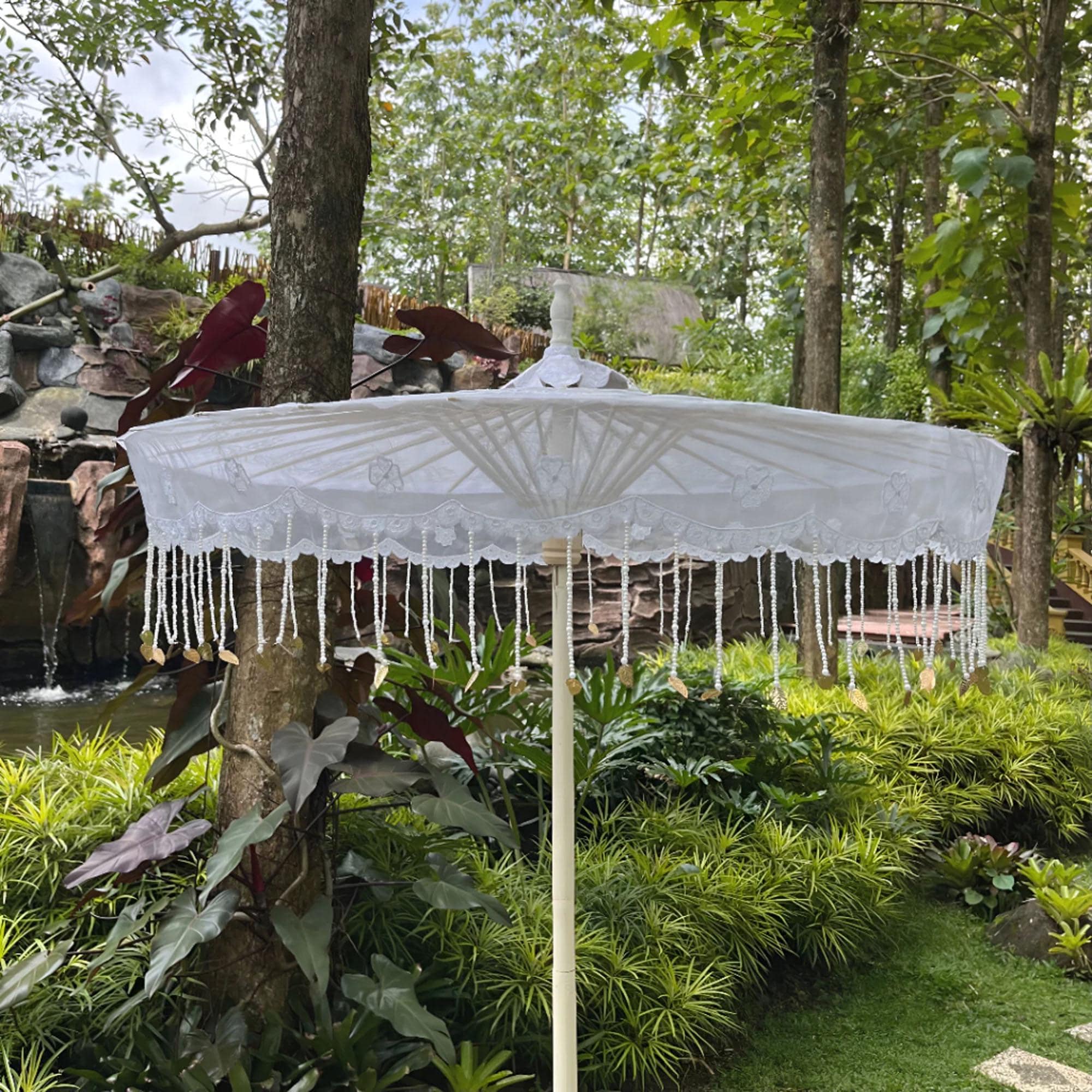 Large Embroidered Bridal Parasol with Beaded Fringe