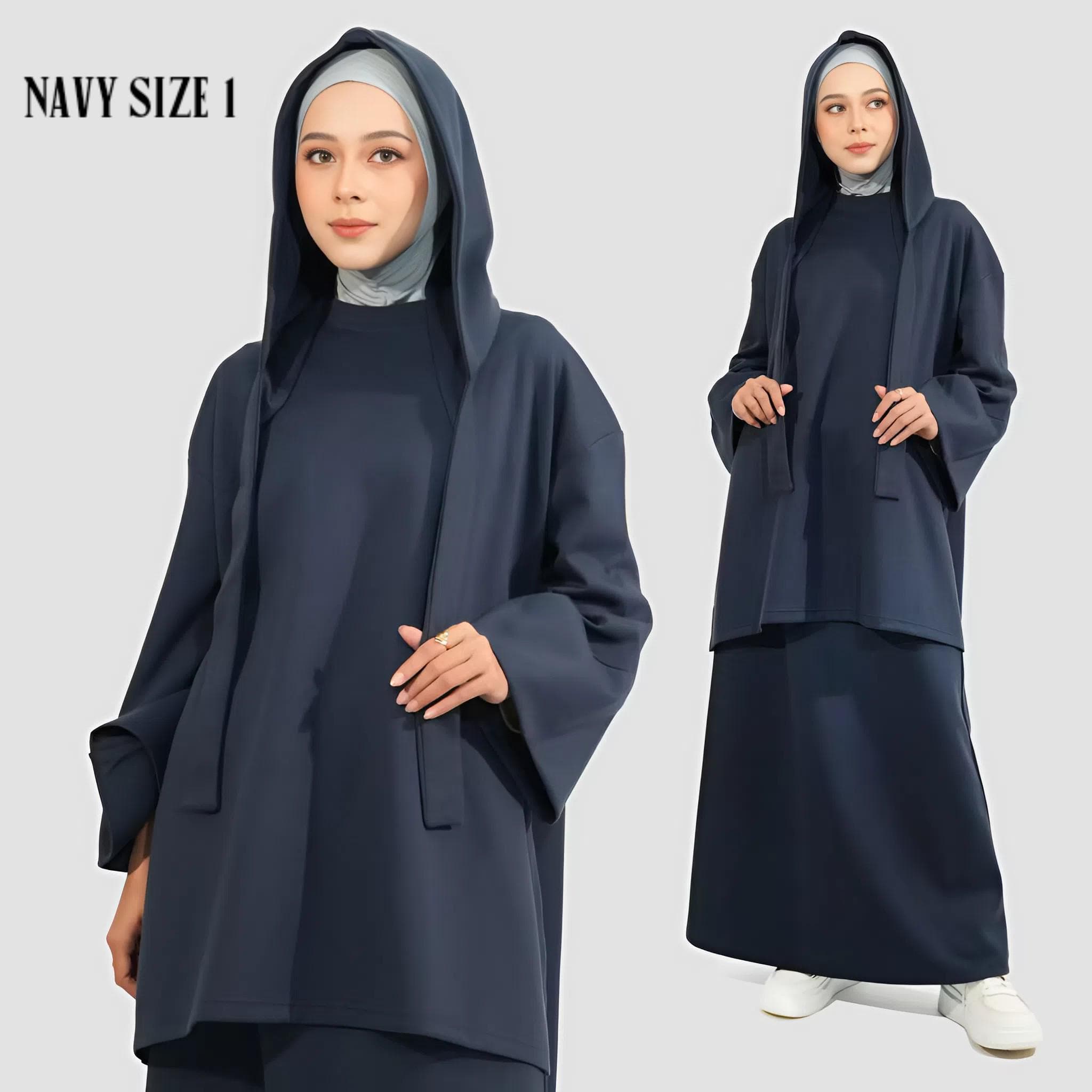 Black loose hoodie abaya set with long skirt, made of Russian Cotton Danball, includes modest hijab scarf