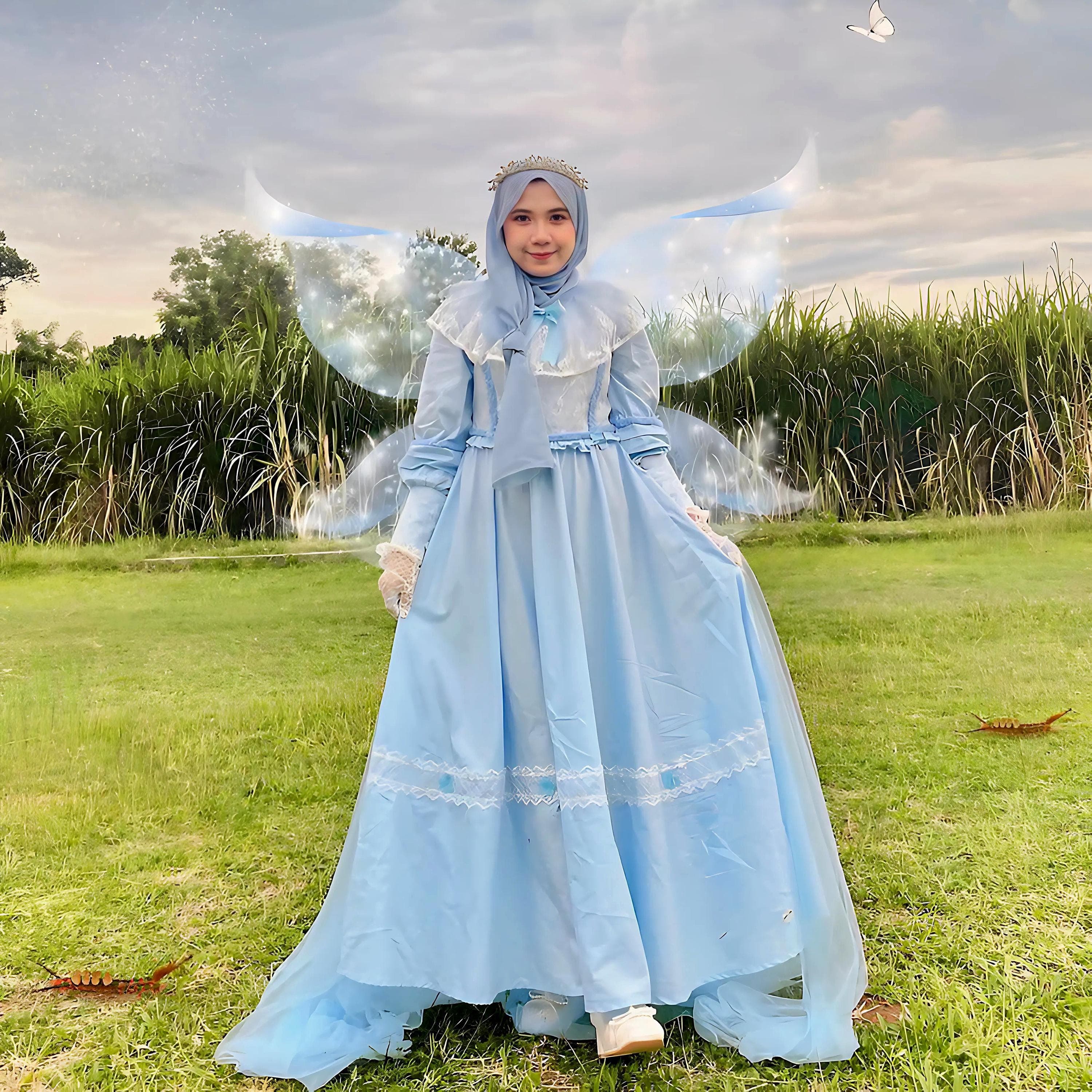 Blue Princesscore Dress: Cottagecore Fairytale Gown with Flower Crown