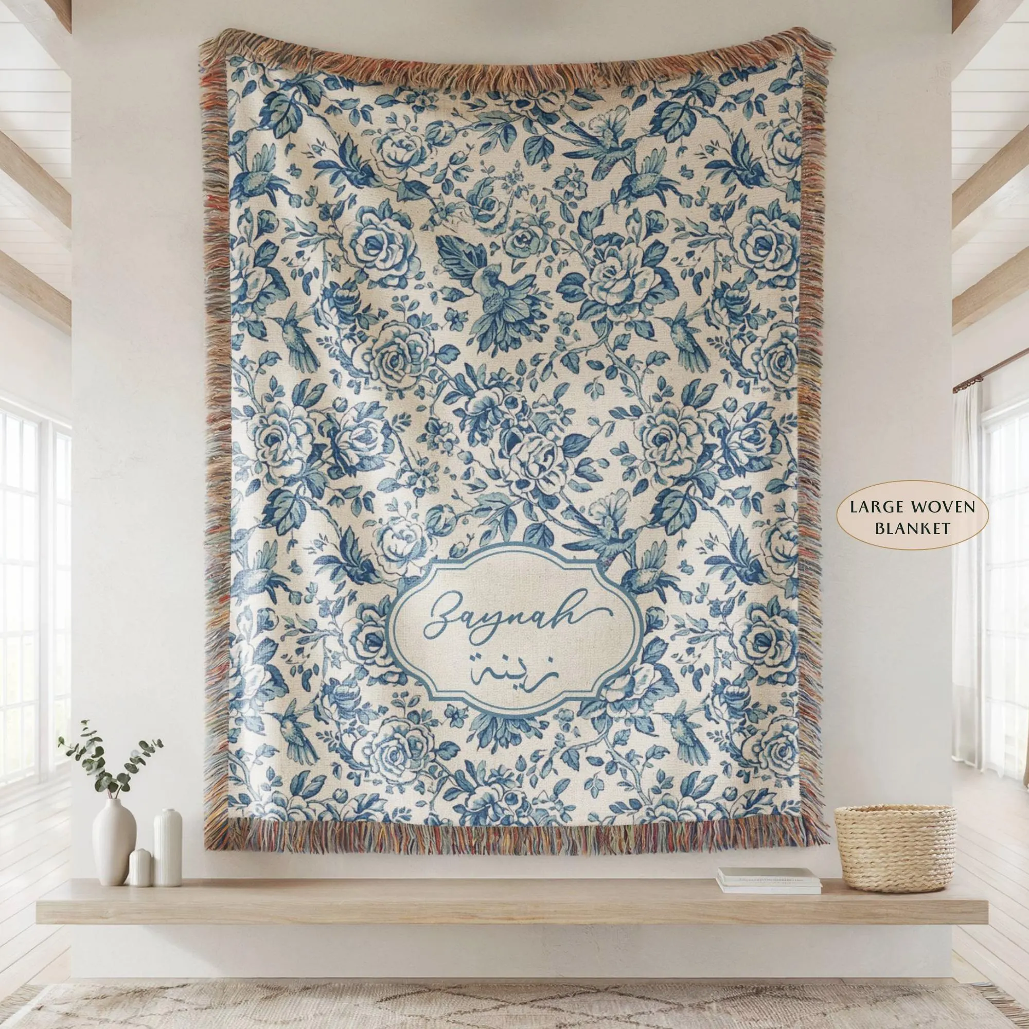 Personalized Arabic Name Toile Blanket, Custom Baby Name Woven Blanket, Nursery Keepsake Gift, Arabic & English Name, Baby Shower Gift - image 4