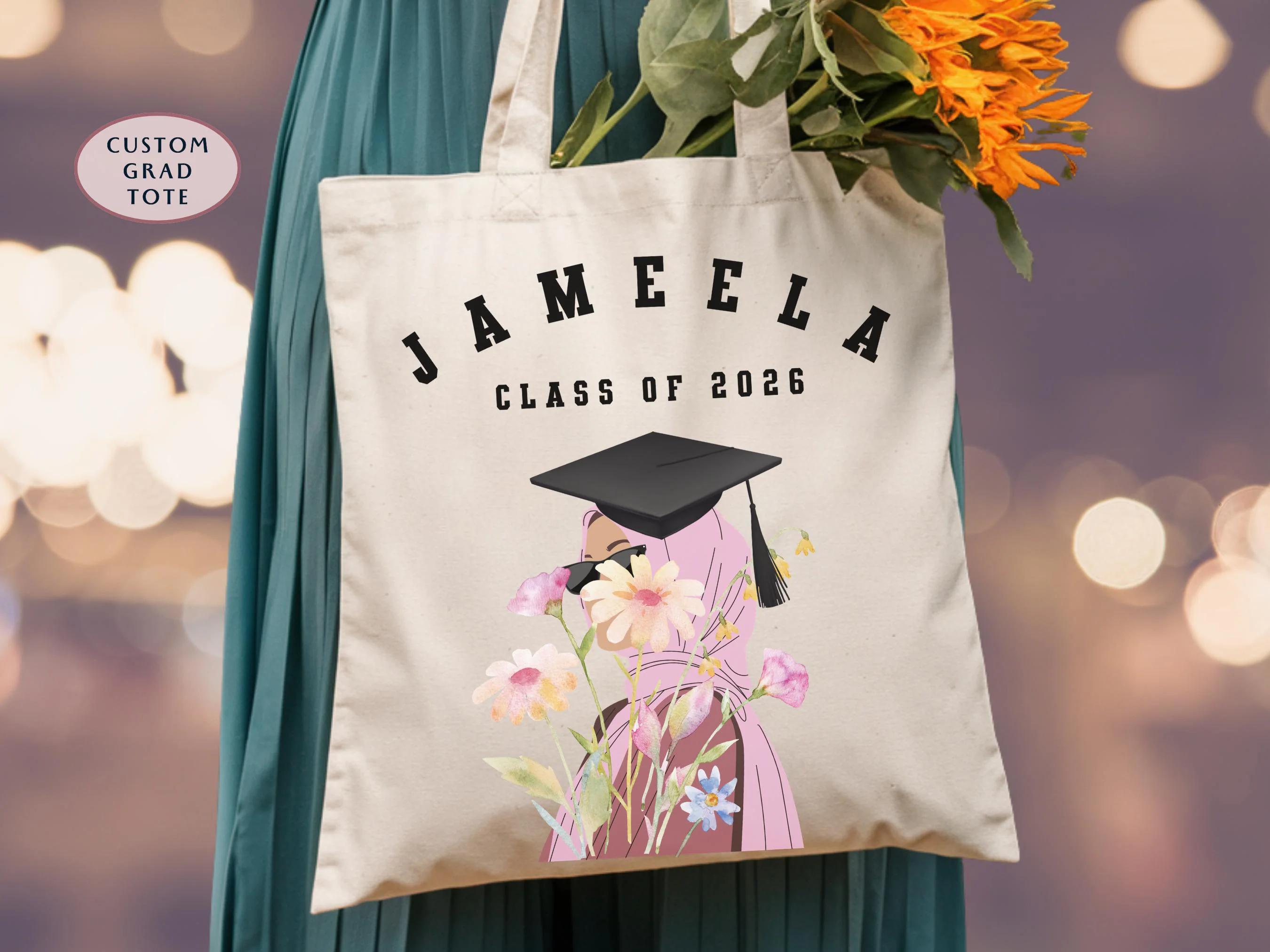 Personalized Hijabi Graduation Tote Bag, Muslim Grad Gift for Her, Custom Name & Year Tote, Senior Graduate Gift