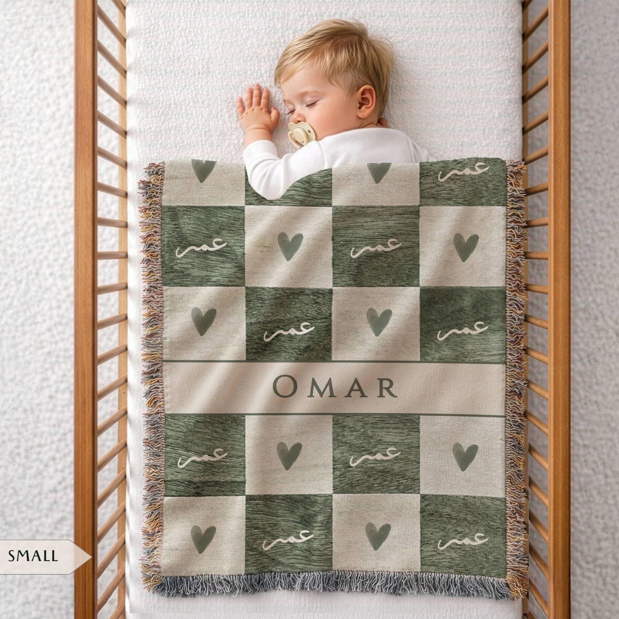 Personalized Arabic Woven Kids Blanket, Custom Name Muslim Baby Gift, Checkered Nursery Throw, Newborn Baby Shower Gift for New Mom