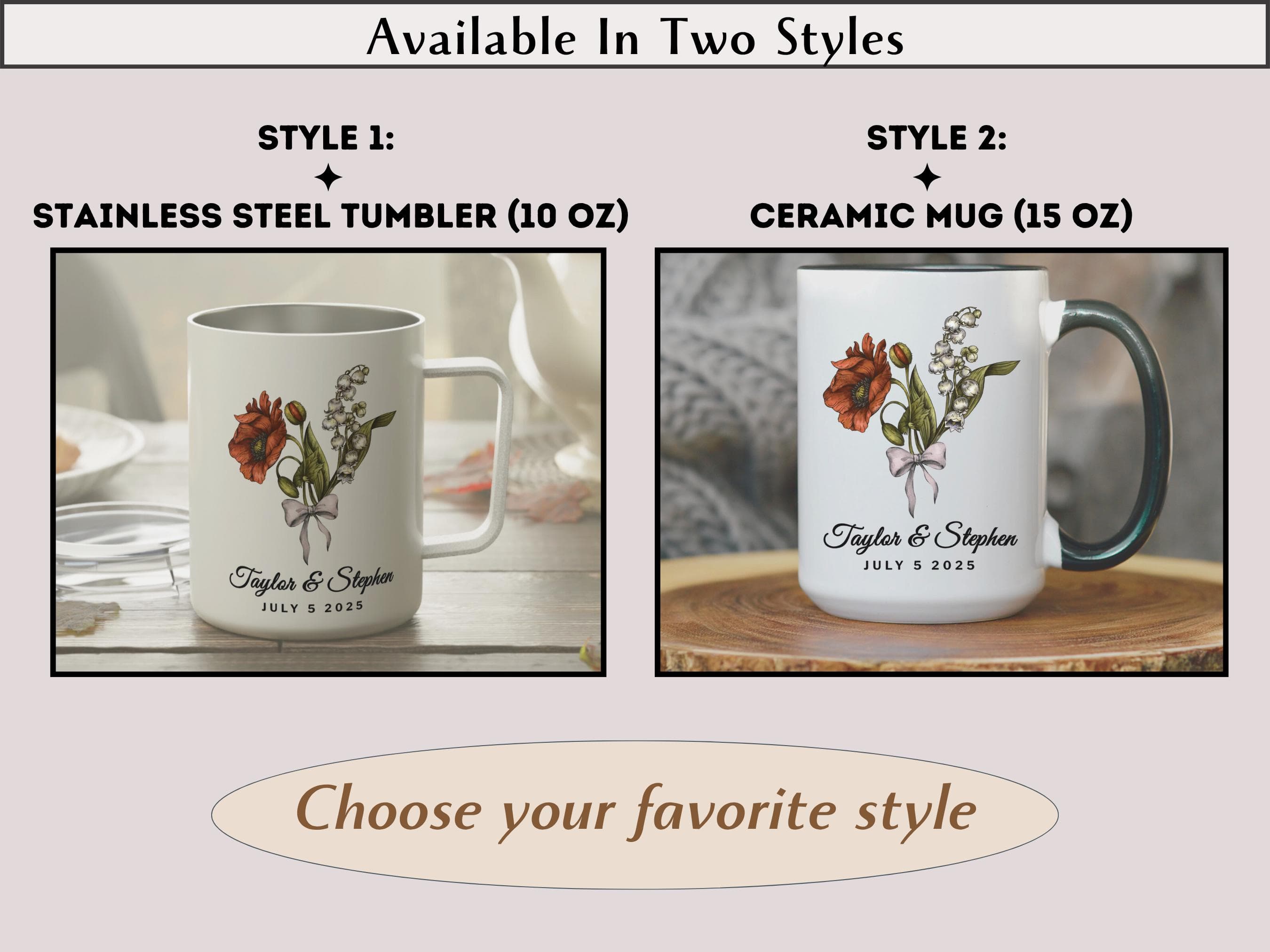 Personalized Birth Flower Couples Tumbler, Custom Name Date Keepsake, Mr & Mrs Wedding, Engagement or Anniversary Gift, Floral Home Decor - image 4