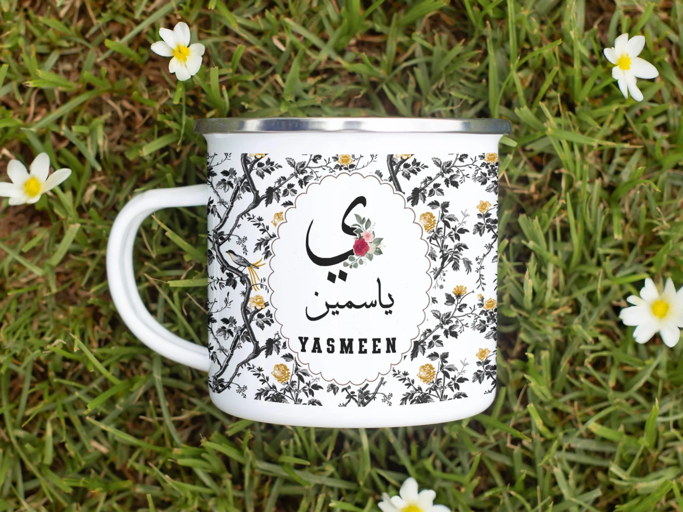 Personalized Arabic Name Kids Enamel Mug, Custom Muslim Child Cup, Blue Toile Camping Mug, Islamic Gift for Girl - image 5