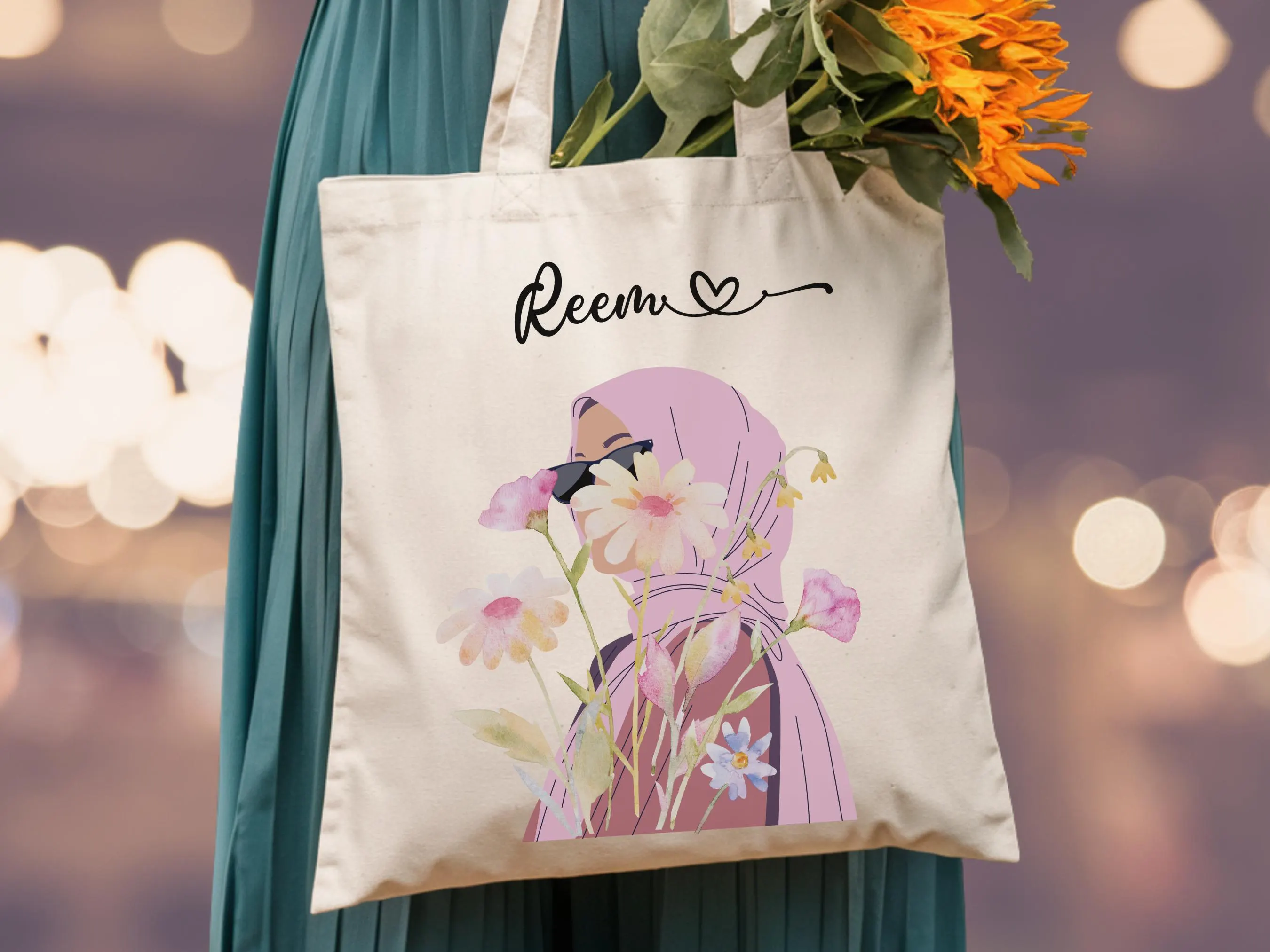 Custom Hijabi Girl Tote – Wanderlust Floral Gift for Muslim Women, Graduation, Nikkah, Eid Mubarak, Islamic Gift for Her