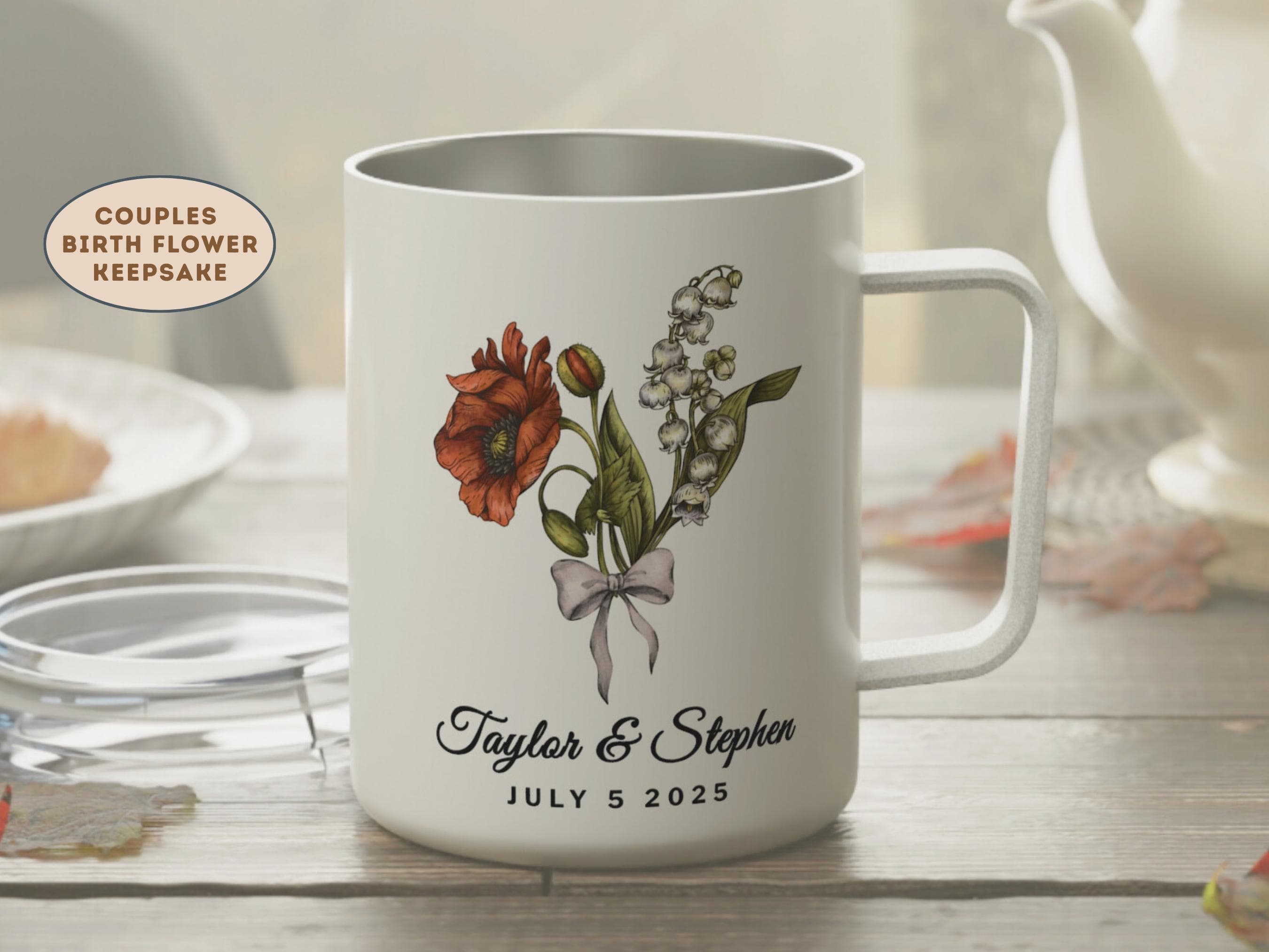 Personalized Birth Flower Couples Tumbler, Custom Name Date Keepsake, Mr & Mrs Wedding, Engagement or Anniversary Gift, Floral Home Decor