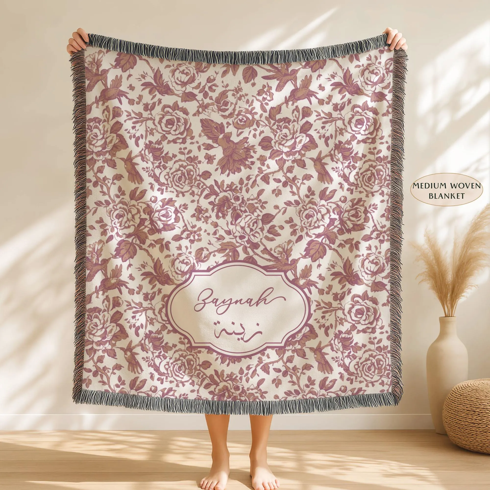 Personalized Arabic Name Toile Blanket, Custom Baby Name Woven Blanket, Nursery Keepsake Gift, Arabic & English Name, Baby Shower Gift - image 3