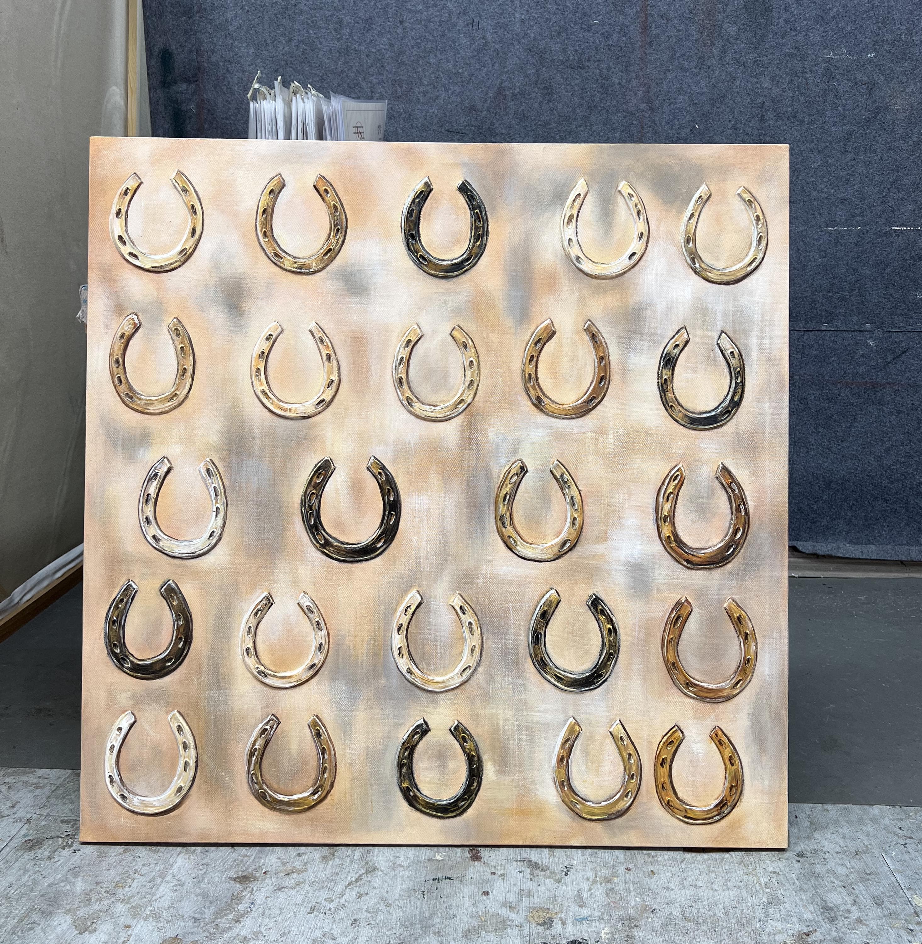 Hand-Painted Large Horseshoe Wall Art, Lucky Western Painting, Neutral Farmhouse Canvas, Textured Beige Equestrian Art, Ranch House Decor - image 2