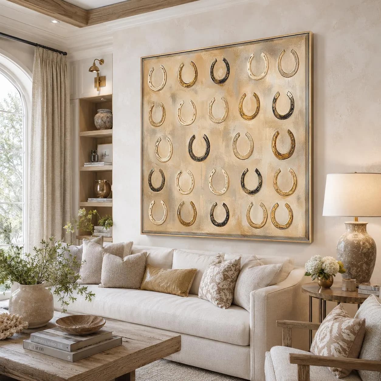 Hand-Painted Large Horseshoe Wall Art, Lucky Western Painting, Neutral Farmhouse Canvas, Textured Beige Equestrian Art, Ranch House Decor - image 5