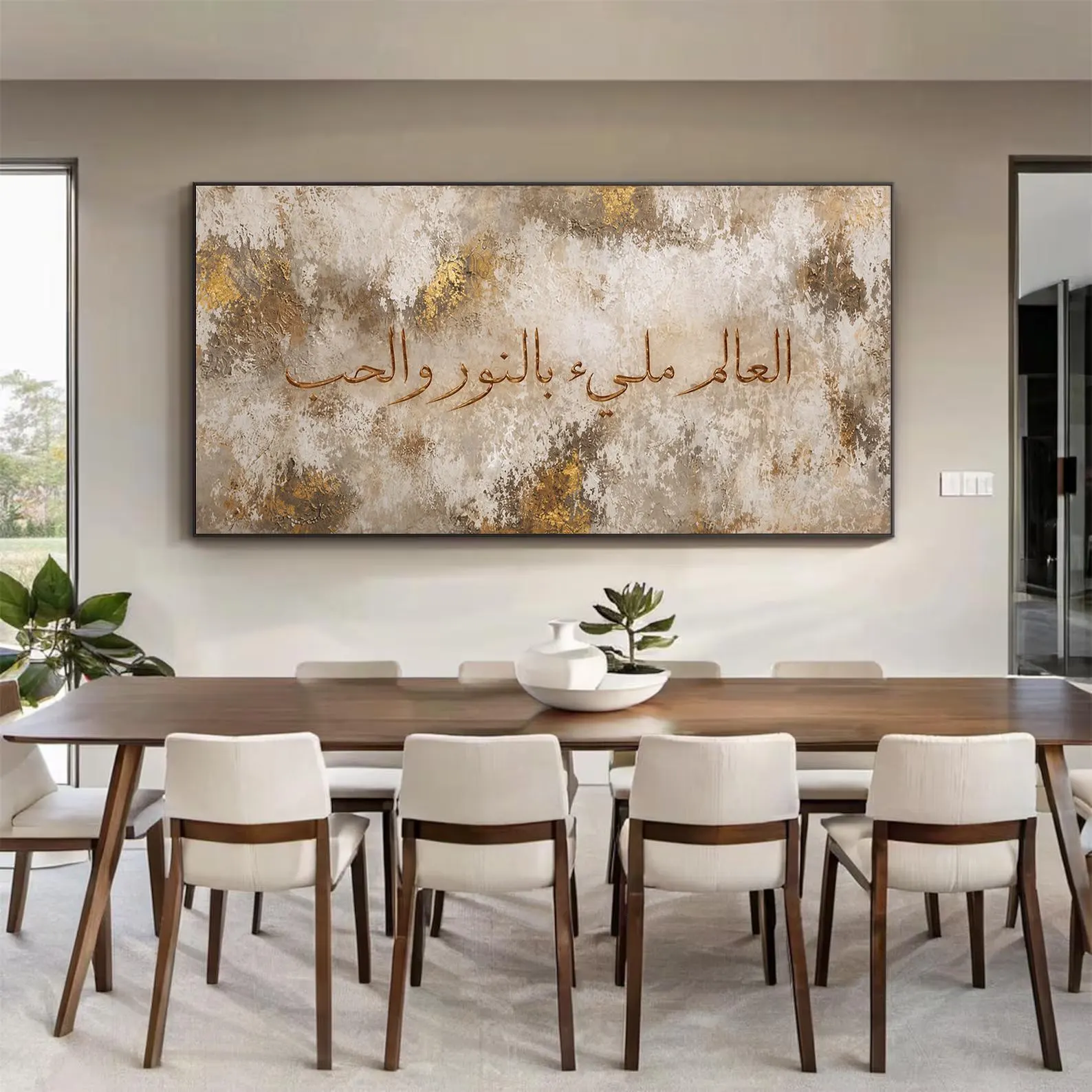 Arabic Calligraphy Painting, “World Full of Light and Love”, Textured Neutral Canvas Art, Gold Abstract Islamic Art, Modern Minimalist Decor - image 2