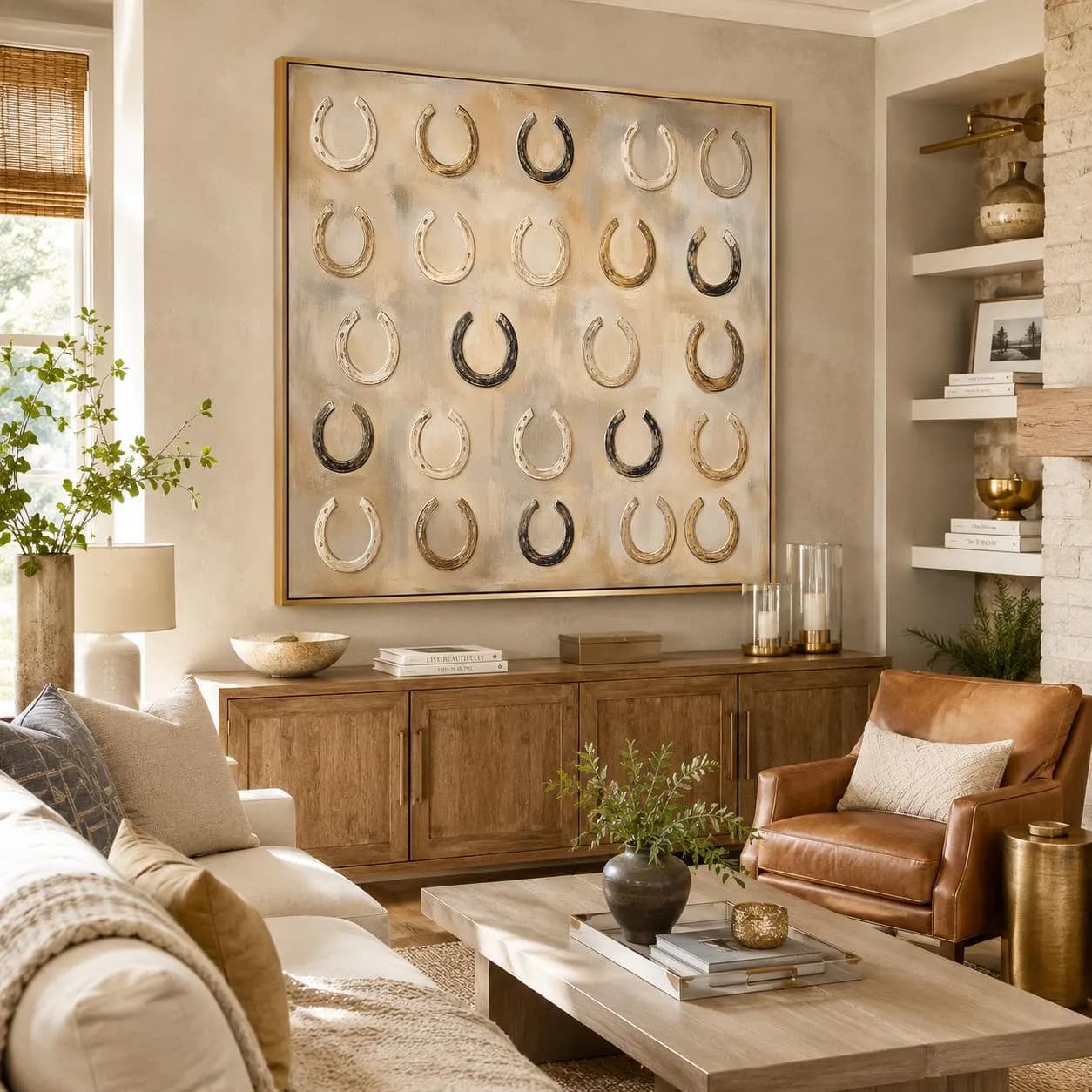 Hand-Painted Large Horseshoe Wall Art, Lucky Western Painting, Neutral Farmhouse Canvas, Textured Beige Equestrian Art, Ranch House Decor - image 4