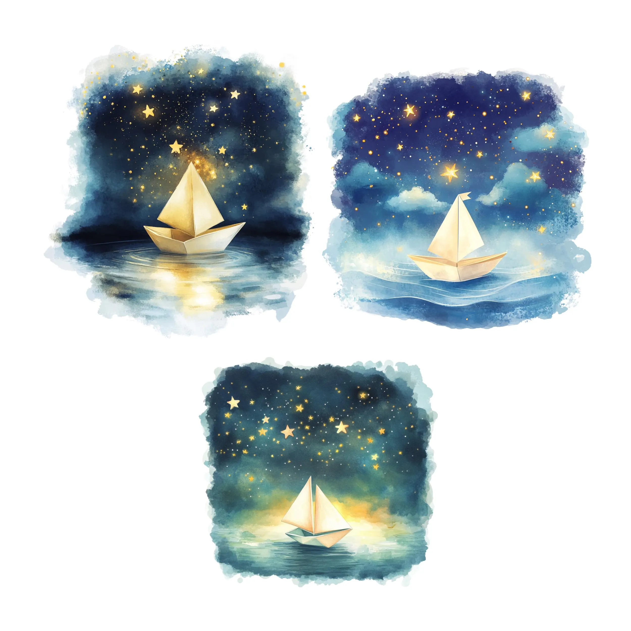 Watercolor Paper Boats, Dreamy paper Boats, Paper Boat clipart, paper boat origami, paper boat night Stars celestial, Paper boat design - image 3