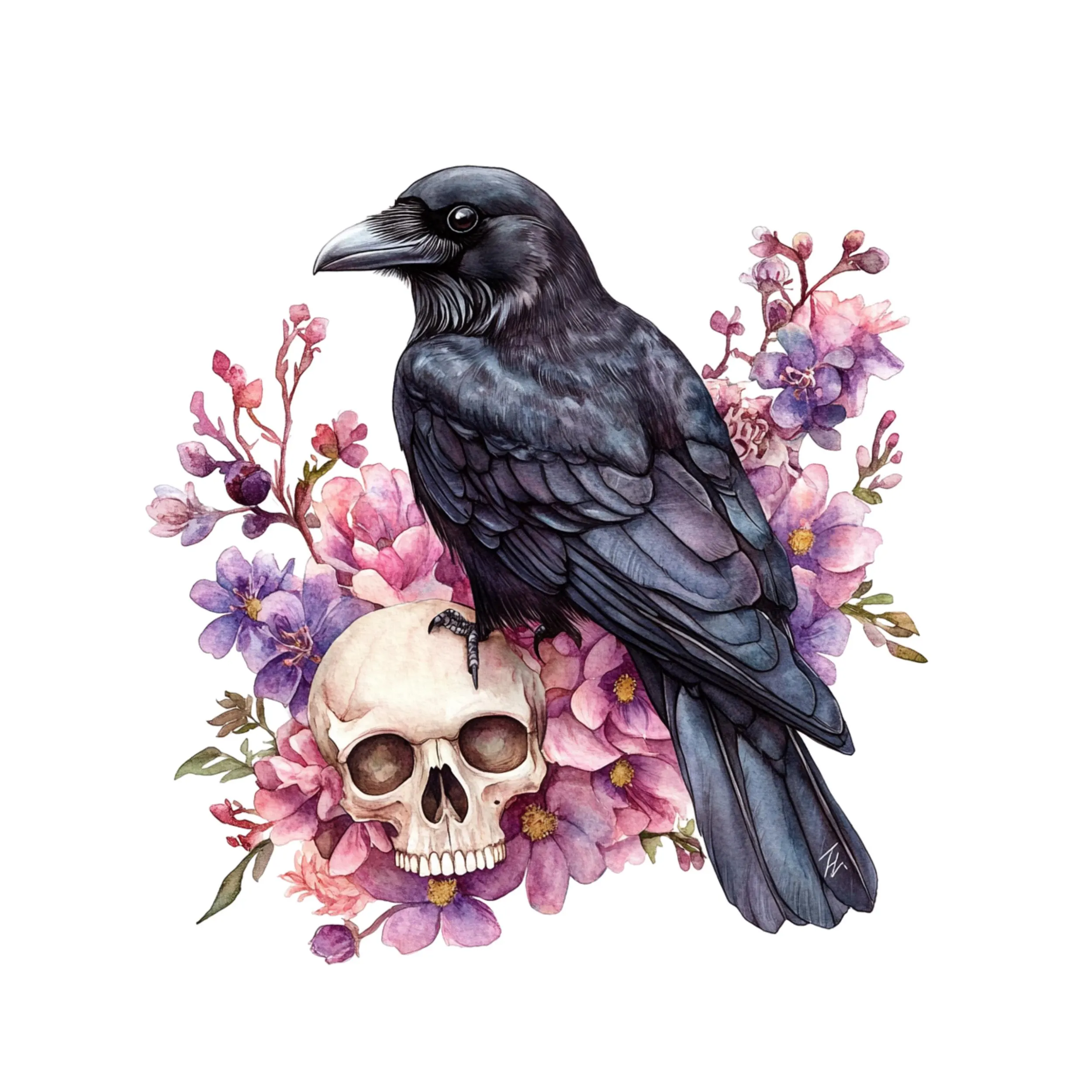 Raven skull floral, Gothic Ravens Watercolor Clipart, Mystic raven, Enigmatic witch bird, Raven bird,Raven floral,Raven skull,gothic clipart - image 5