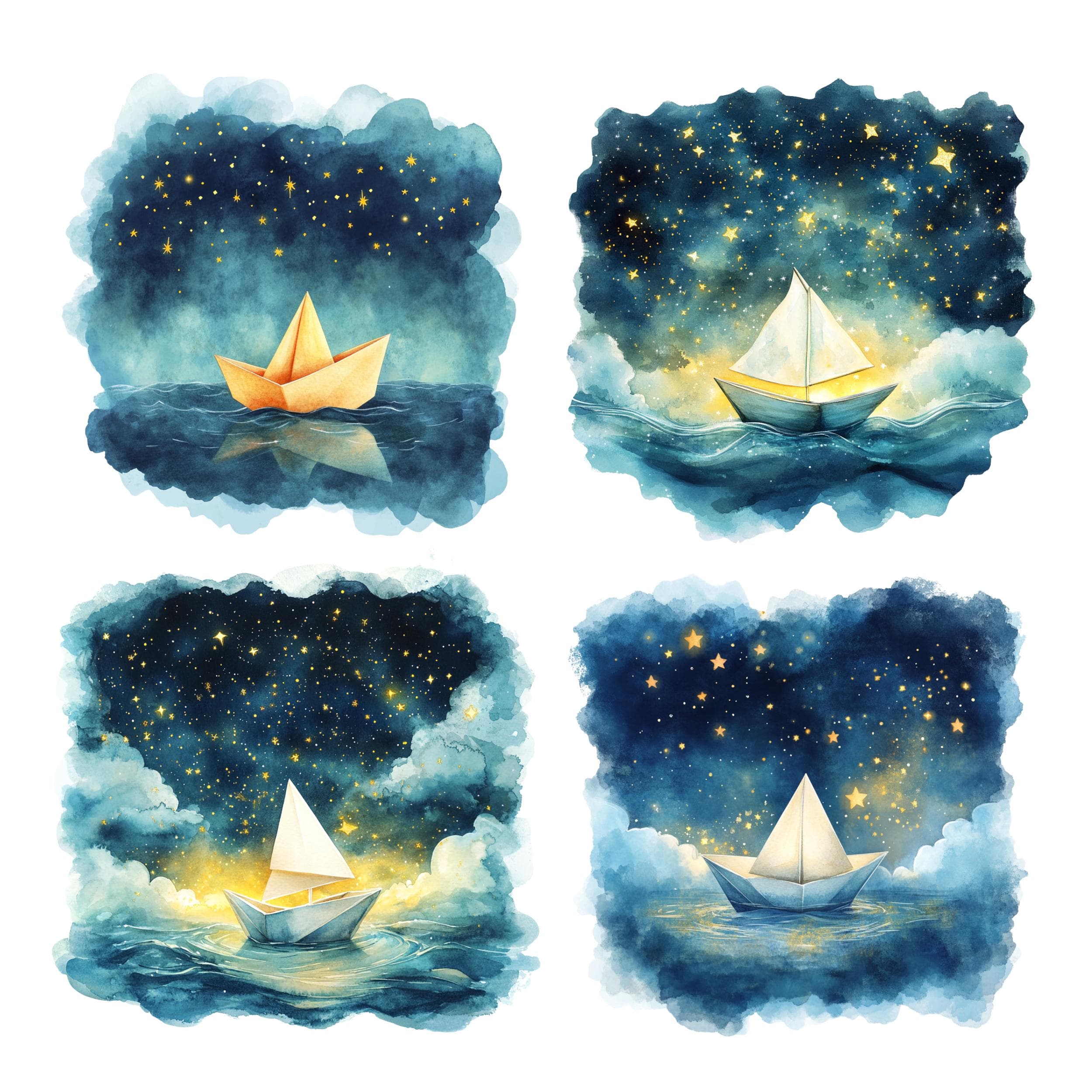 Watercolor Paper Boats, Dreamy paper Boats, Paper Boat clipart, paper boat origami, paper boat night Stars celestial, Paper boat design - image 4