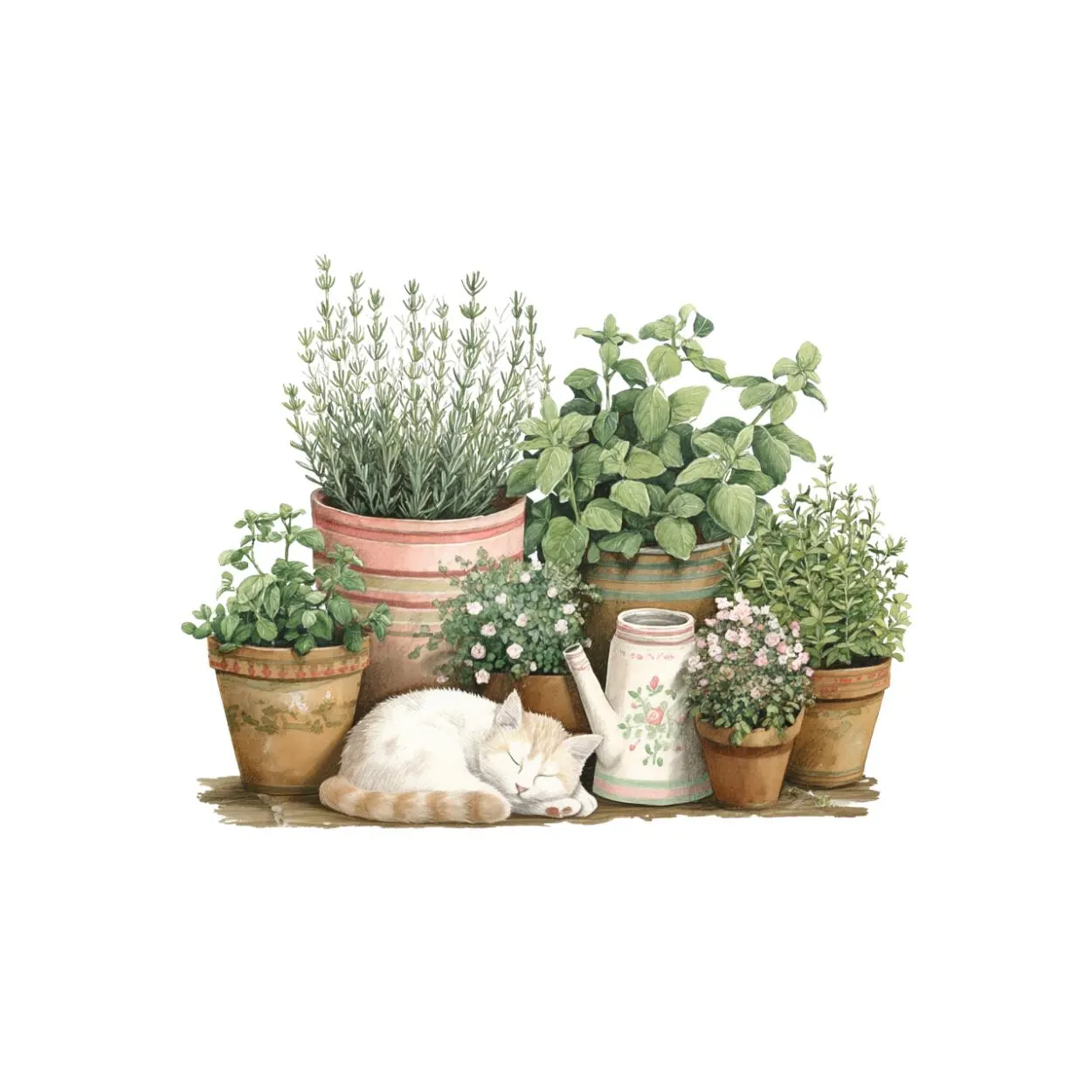 Watercolor Herbs in Pot with cat, Watercolor gardening clipart ,plants png ,herbs clipart, rustic farmhouse clipart, potted plants and herbs - image 5
