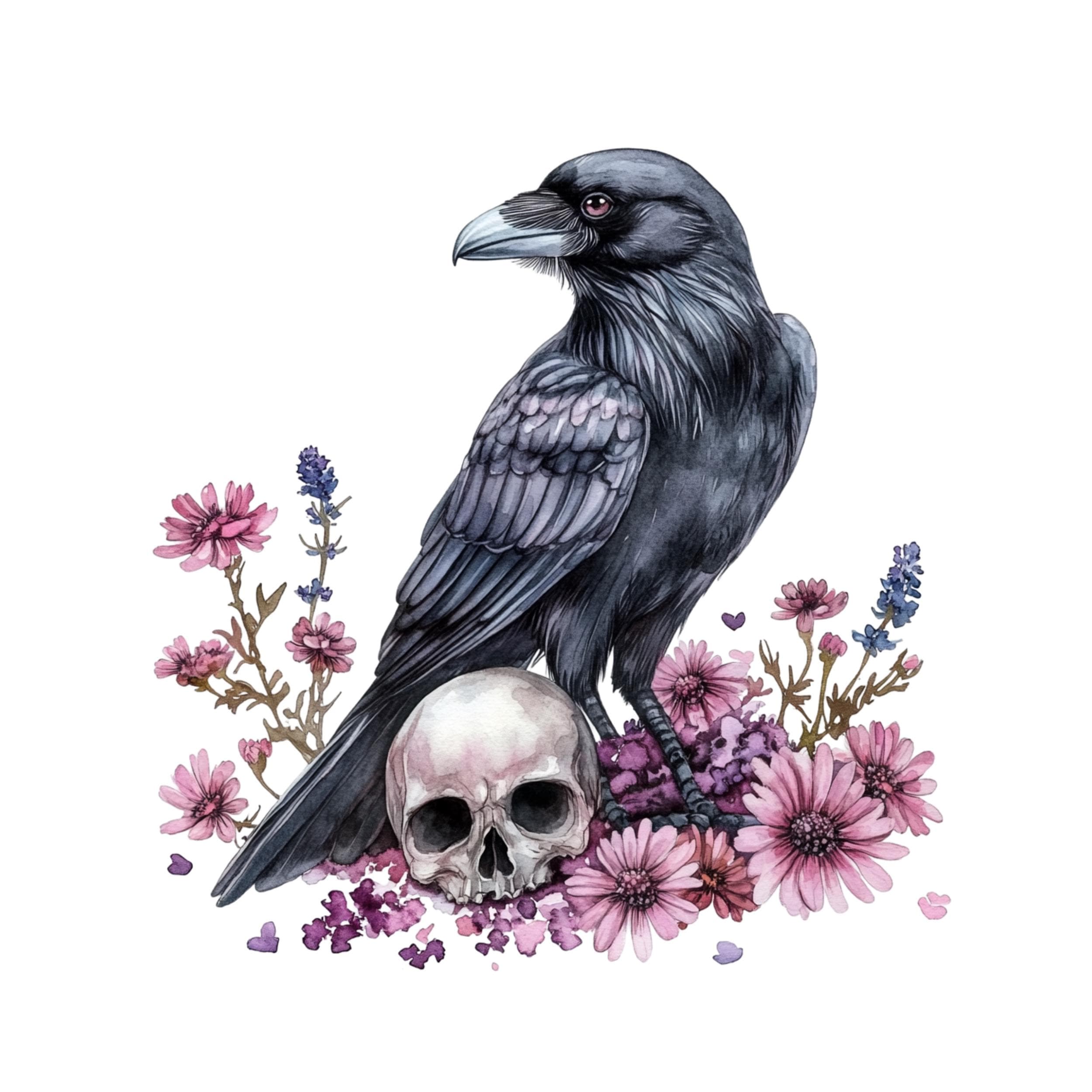 Raven skull floral, Gothic Ravens Watercolor Clipart, Mystic raven, Enigmatic witch bird, Raven bird,Raven floral,Raven skull,gothic clipart - image 3