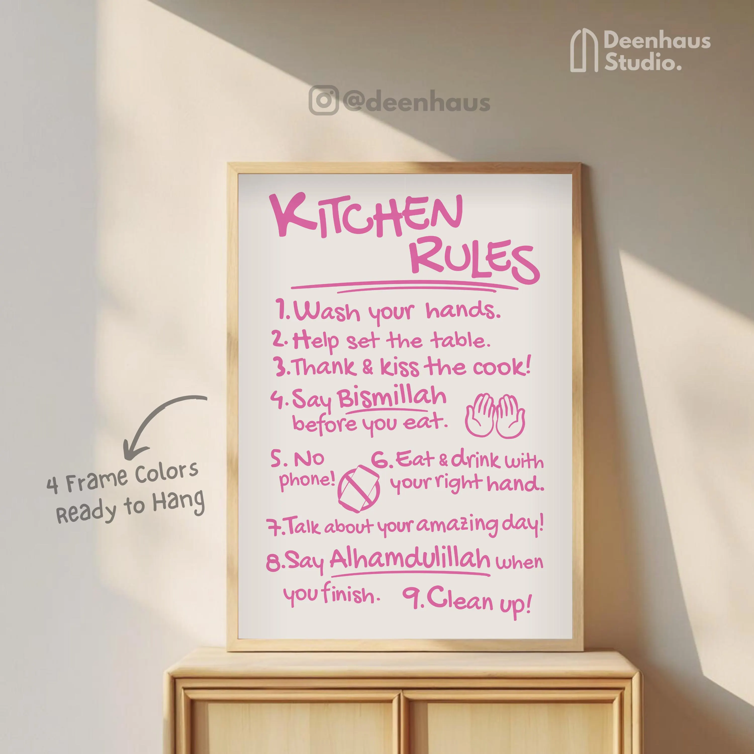 Pink Kitchen Rules Poster: Muslim Home Decor, Framed Art
