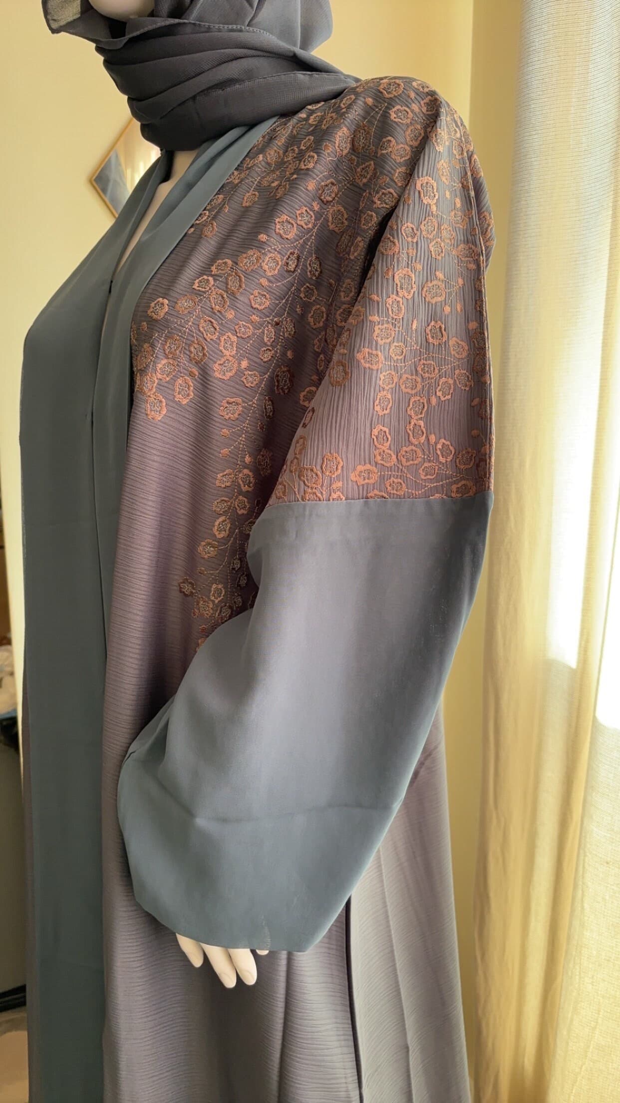 Blue Embroidered Abaya Set, Front Open Buttoned Abaya, Belted Hijab Abayas for women, Muslim Women Embroidery Dress - image 4